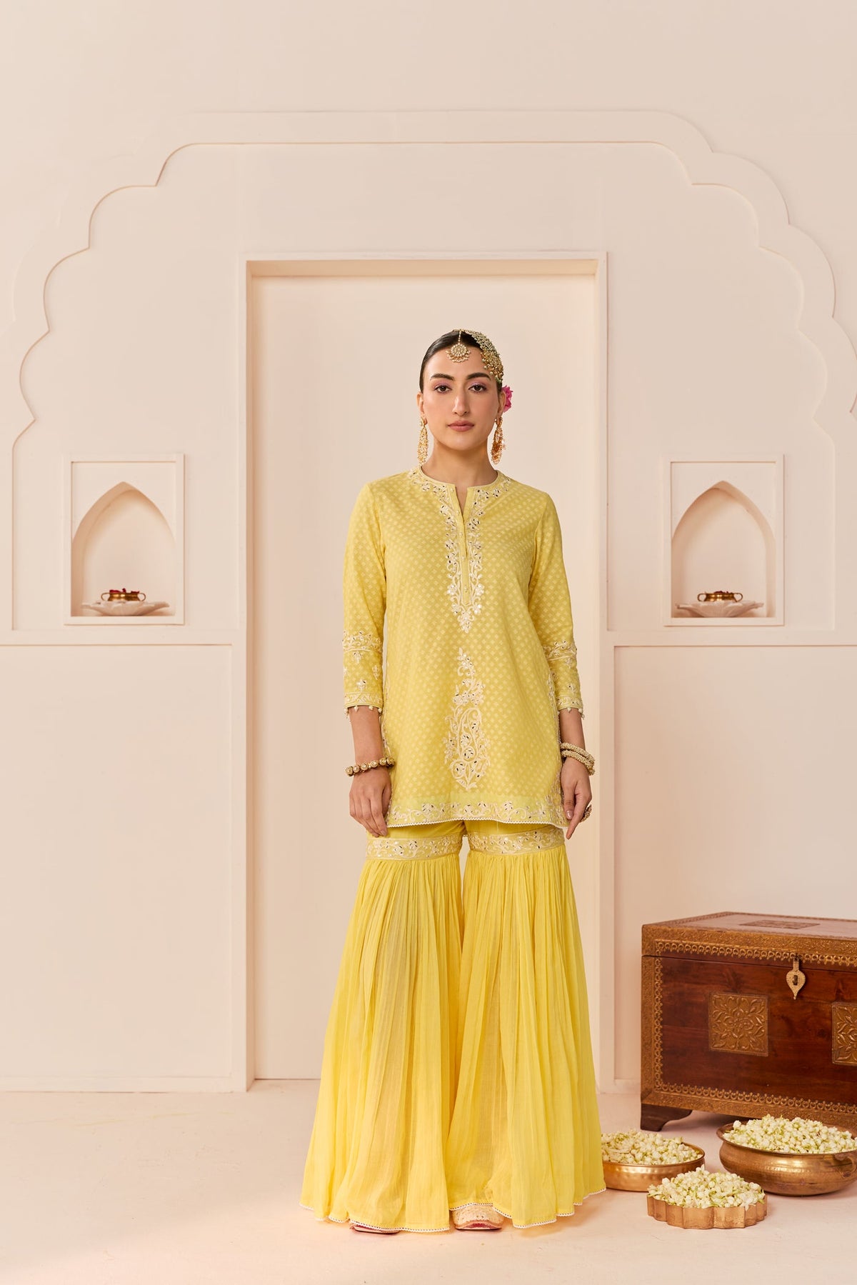 Yasneen - Lemon Yellow Short Kurta With Garara And Dupatta
