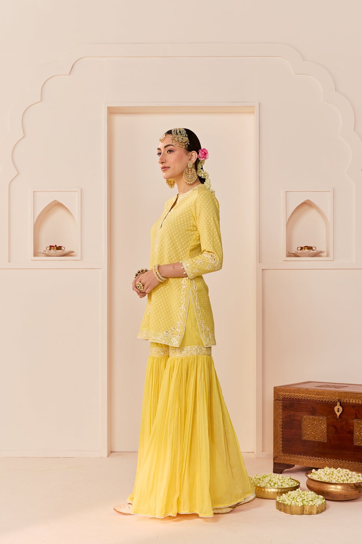 Yasneen - Lemon Yellow Short Kurta With Garara And Dupatta