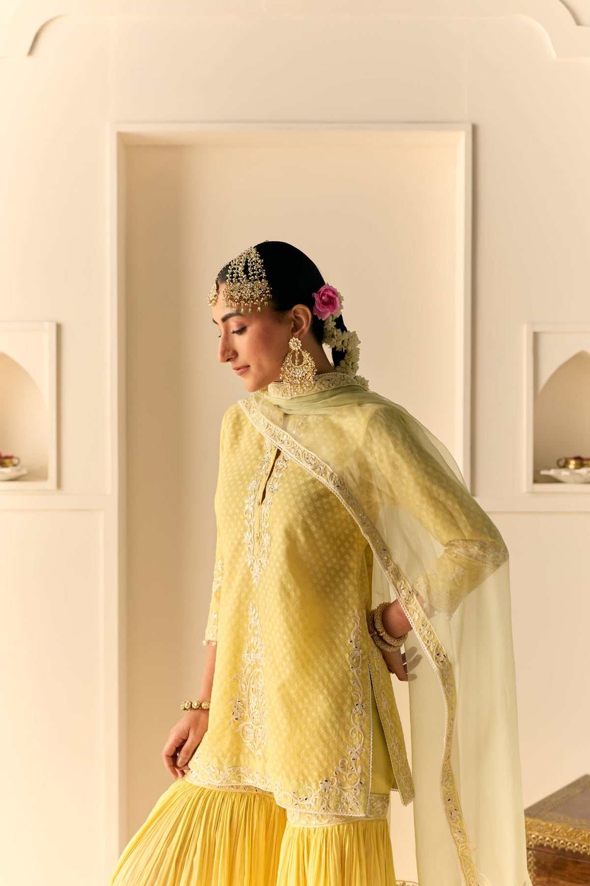 Yasneen - Lemon Yellow Short Kurta With Garara And Dupatta