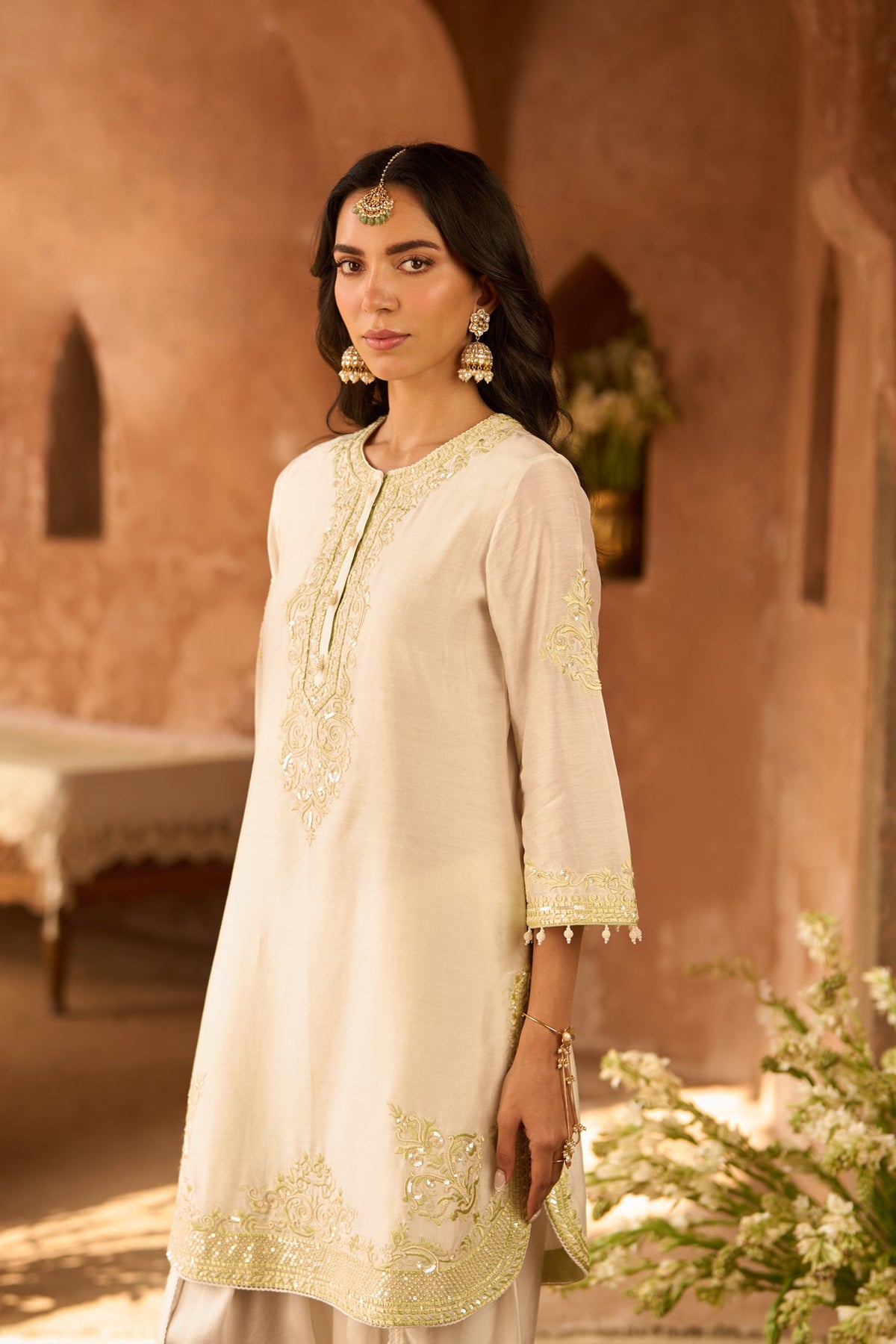 NYRA - DAISY IVORY WITH MINT GREEN SHORT KURTA AND DHOTI (LXRTS)