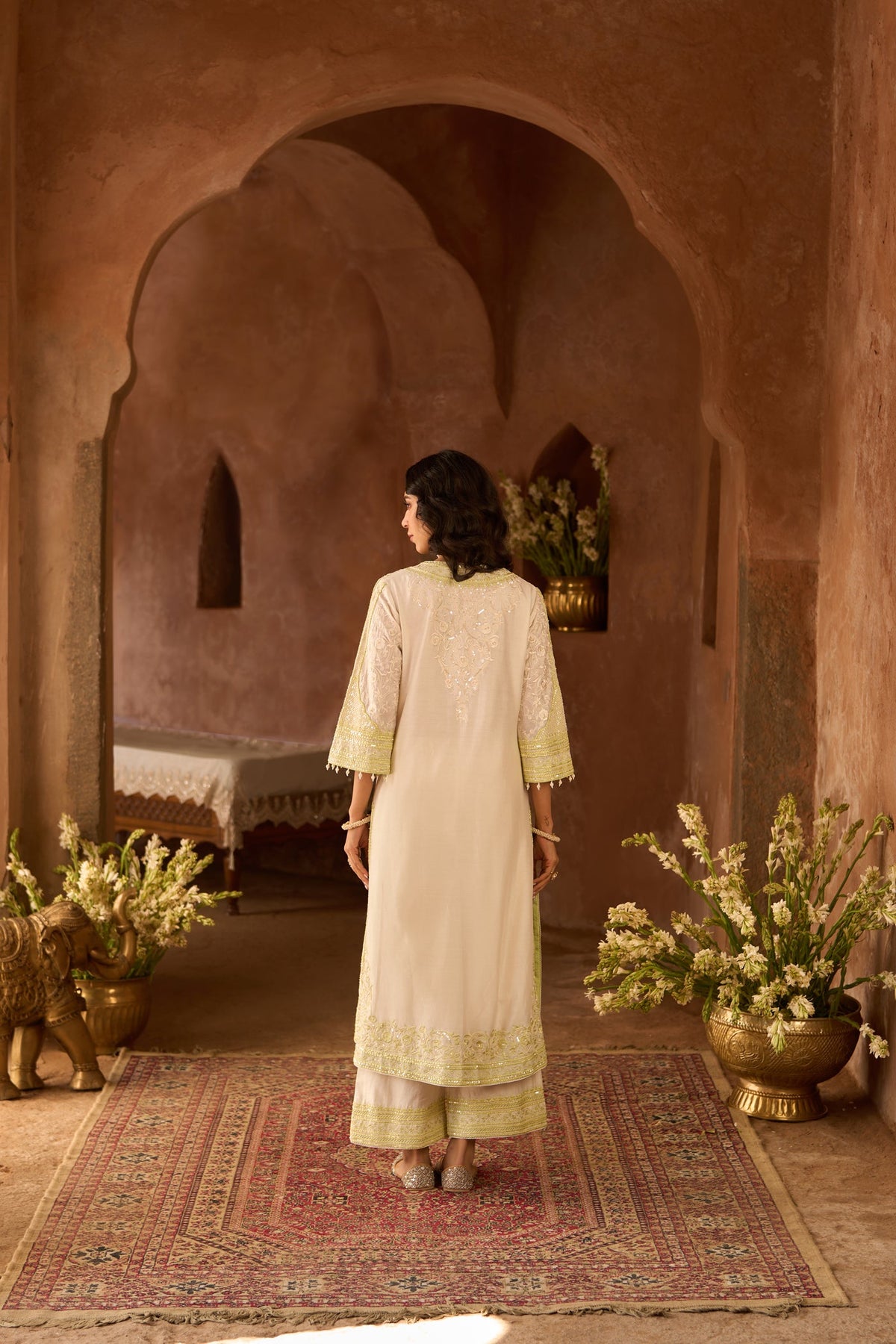 NURVI - DAISY IVORY WITH MINT GREEN LONG A-LINE KURTA WITH PALAZZO AND DUPATTA (LXRTS)