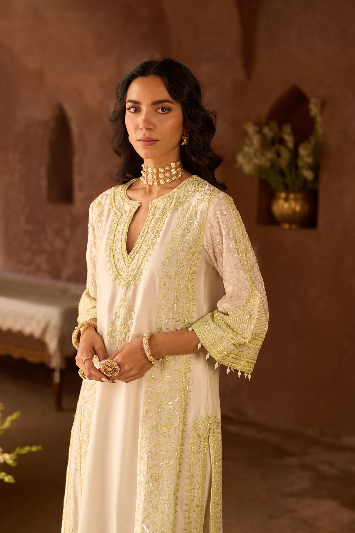 NURVI - DAISY IVORY WITH MINT GREEN LONG A-LINE KURTA WITH PALAZZO AND DUPATTA (LXRTS)