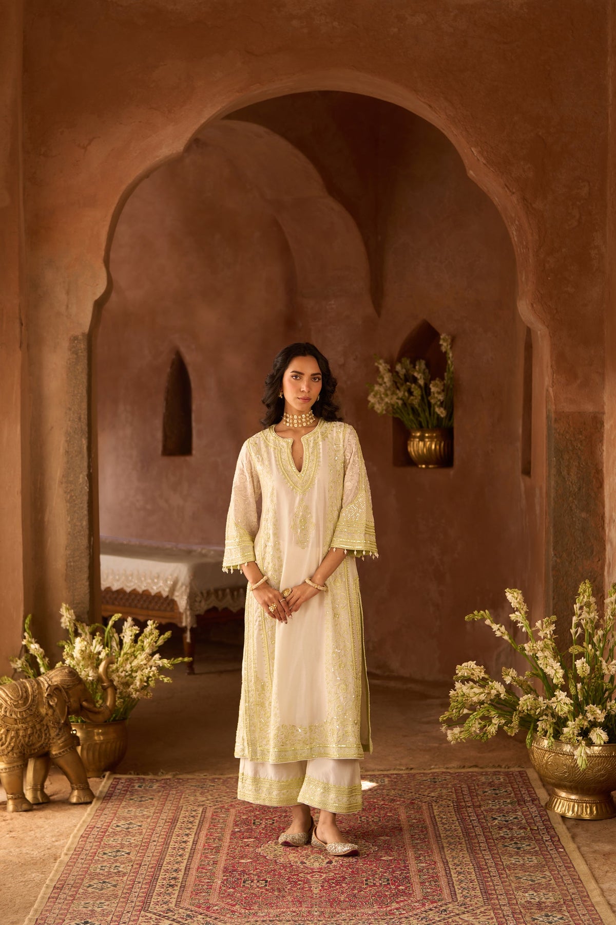 NURVI - DAISY IVORY WITH MINT GREEN LONG A-LINE KURTA WITH PALAZZO AND DUPATTA (LXRTS)