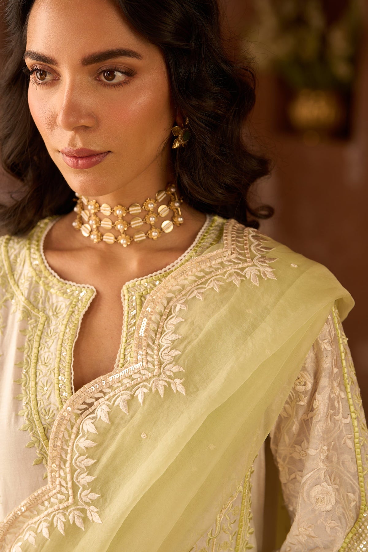 NURVI - DAISY IVORY WITH MINT GREEN LONG A-LINE KURTA WITH PALAZZO AND DUPATTA (LXRTS)