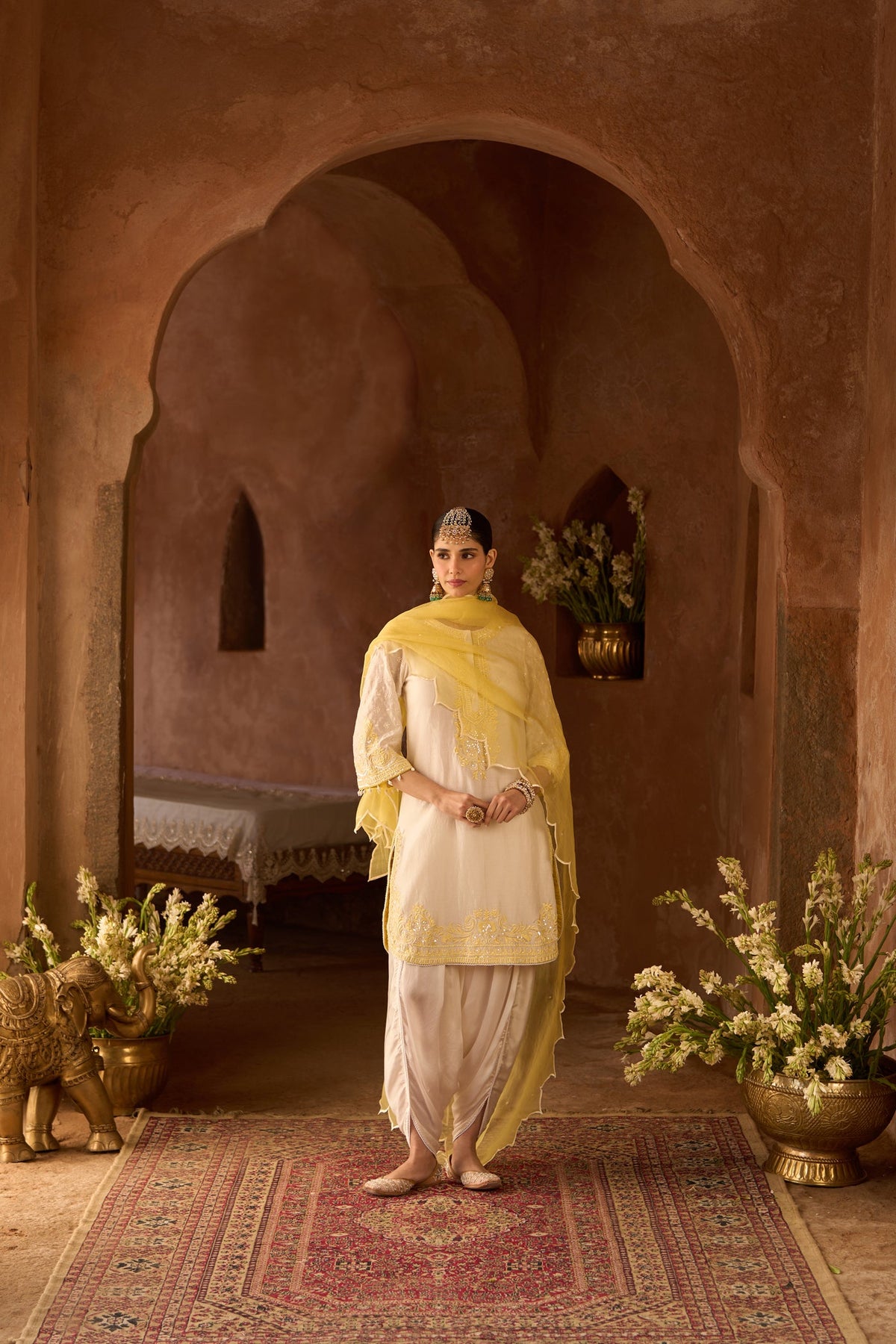 Tasheen In RUHI - DAISY IVORY WITH LEMON YELLOW SHORT KURTA AND DHOTI