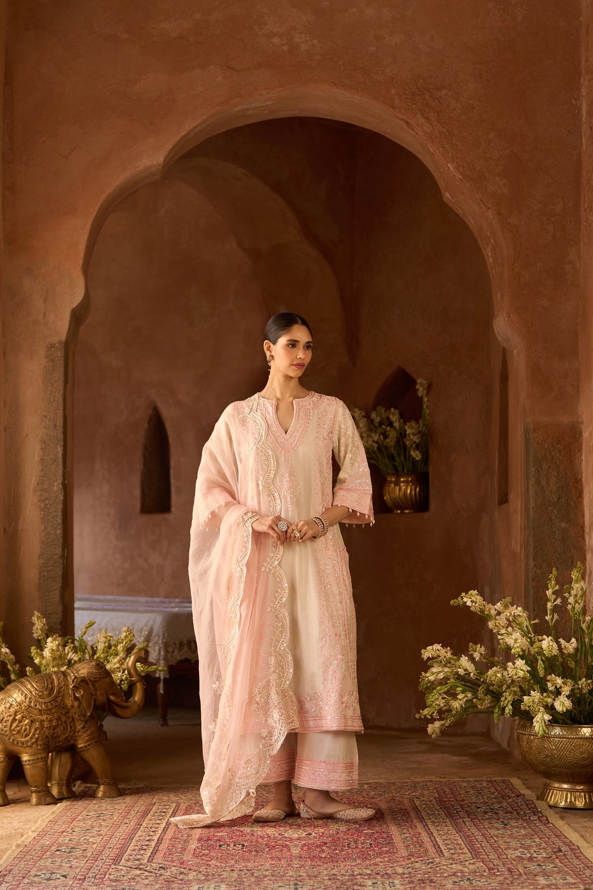 NURVI - DAISY IVORY WITH PINK LONG A-LINE KURTA WITH PALAZZO AND DUPATTA