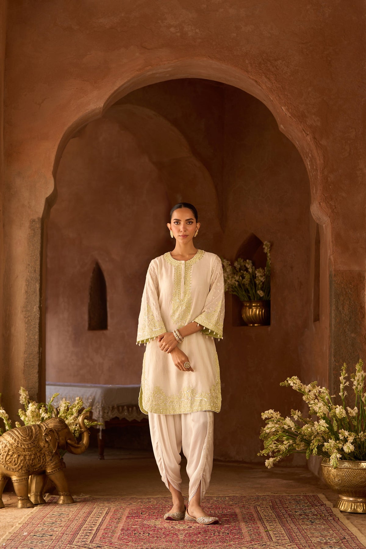 RUHI - DAISY IVORY WITH MINT GREEN SHORT KURTA AND DHOTI (LXRTS)