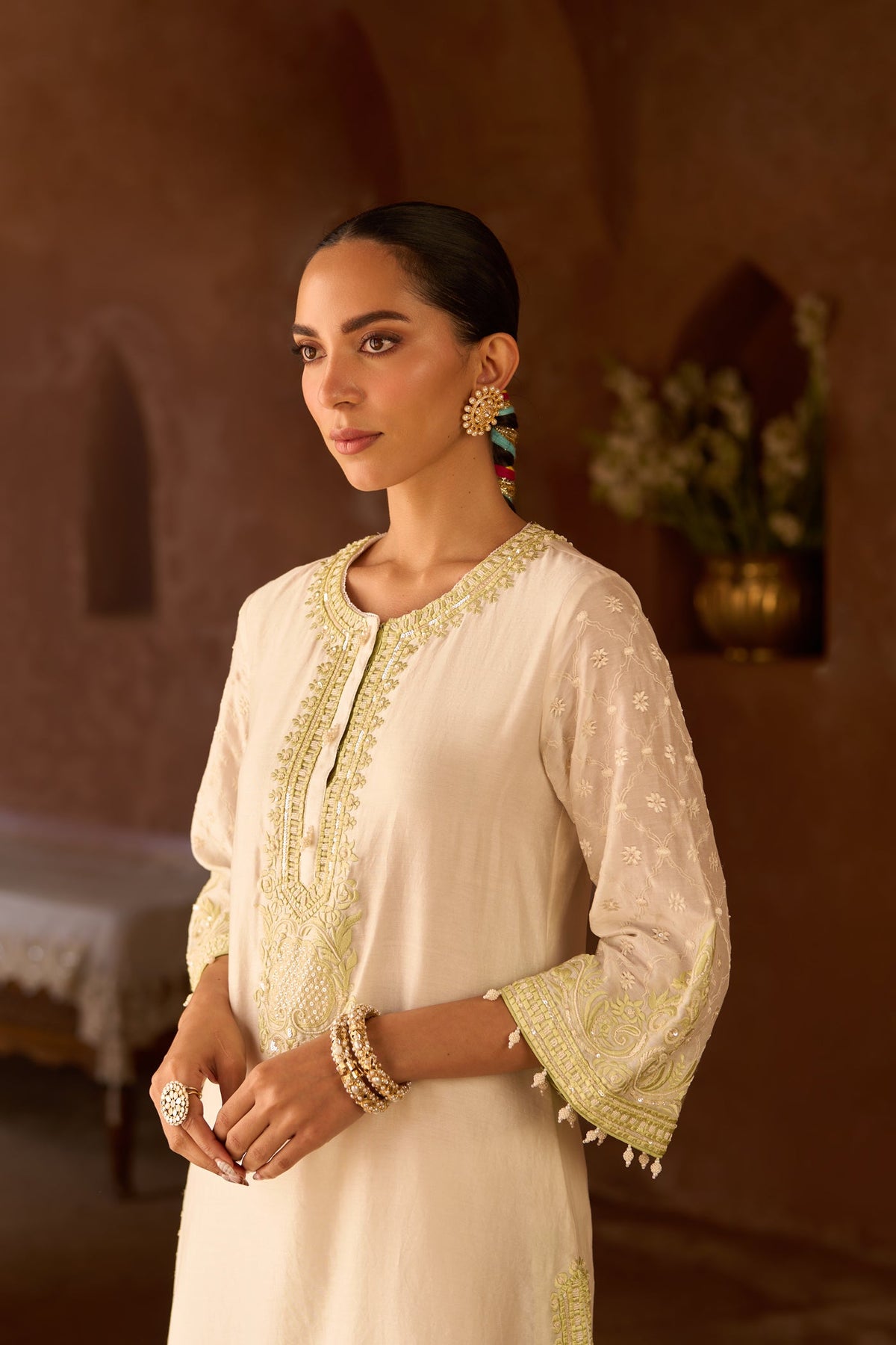 RUHI - DAISY IVORY WITH MINT GREEN SHORT KURTA AND DHOTI (LXRTS)