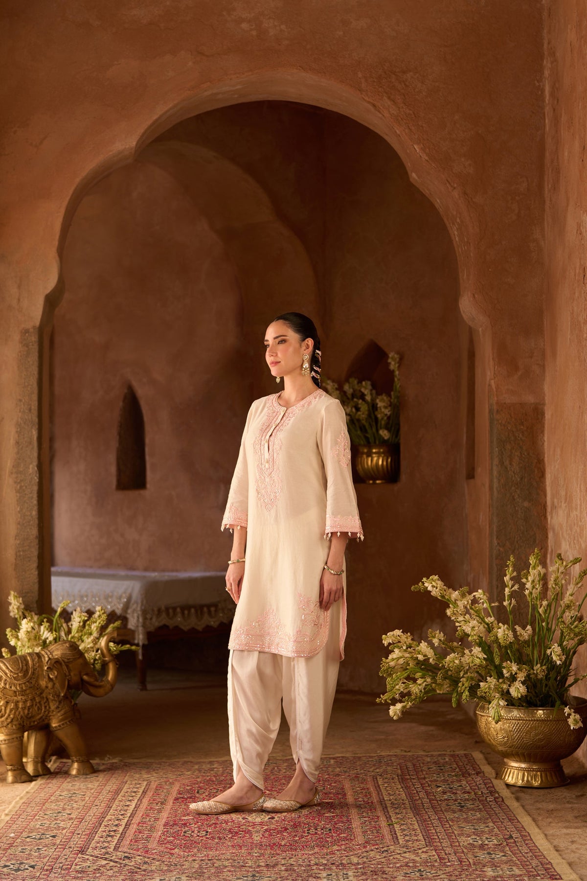 NYRA - DAISY IVORY WITH PINK SHORT KURTA AND DHOTI (LXRTS)