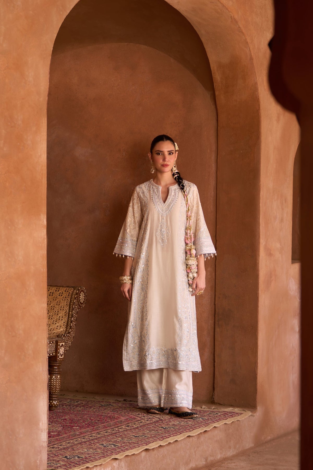 NURVI - DAISY IVORY WITH BLUE LONG A-LINE KURTA WITH PALAZZO AND DUPATTA (LXRTS)