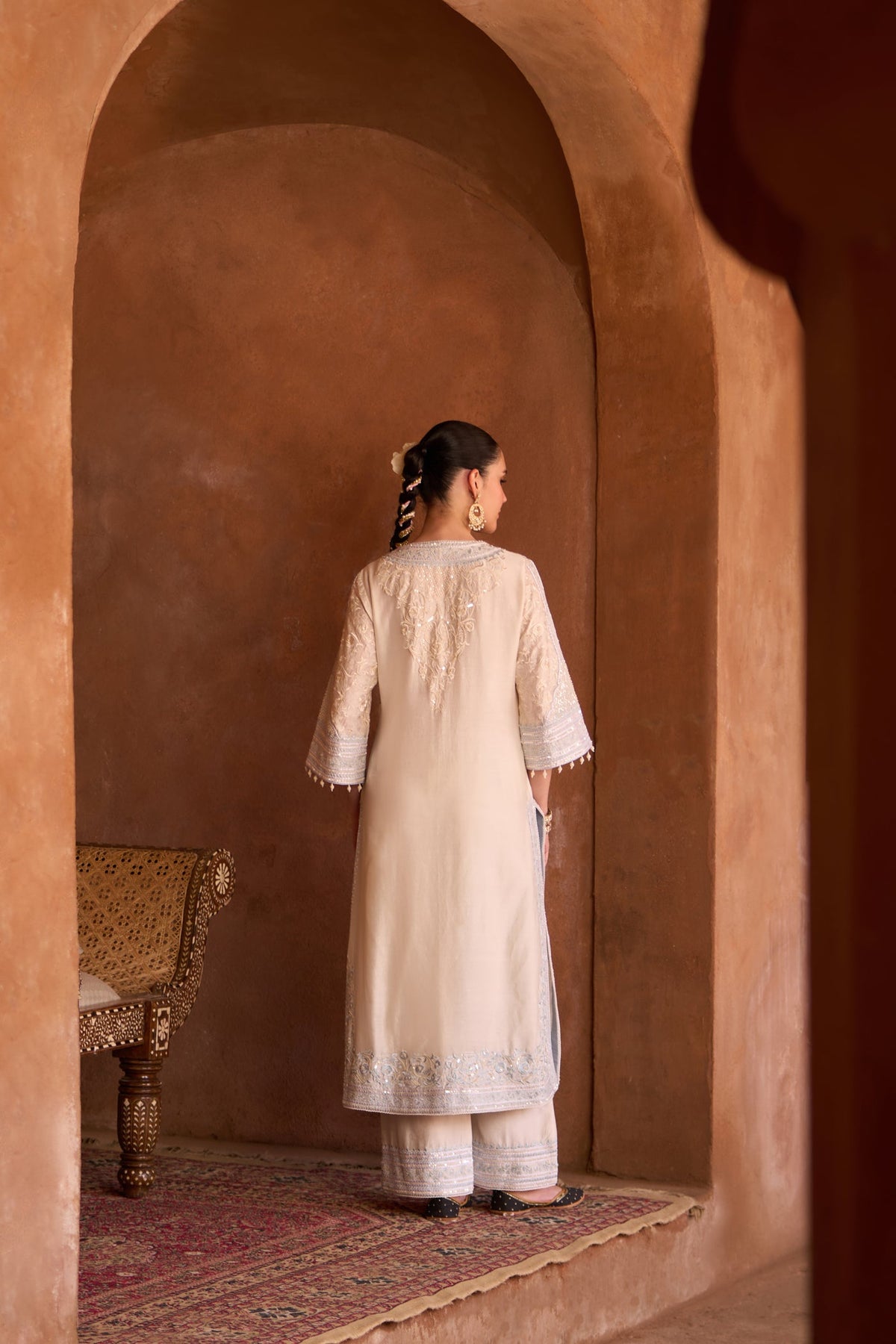 NURVI - DAISY IVORY WITH BLUE LONG A-LINE KURTA WITH PALAZZO AND DUPATTA (LXRTS)