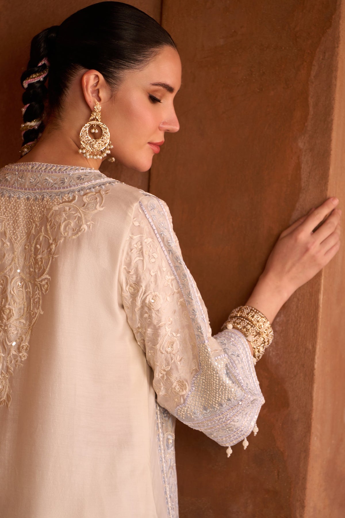 NURVI - DAISY IVORY WITH BLUE LONG A-LINE KURTA WITH PALAZZO AND DUPATTA (LXRTS)