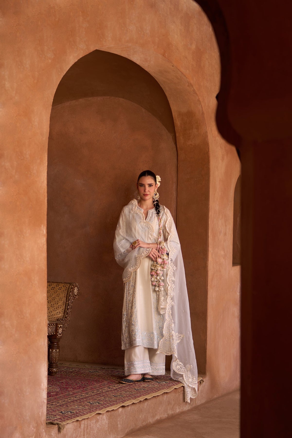 NURVI - DAISY IVORY WITH BLUE LONG A-LINE KURTA WITH PALAZZO AND DUPATTA (LXRTS)