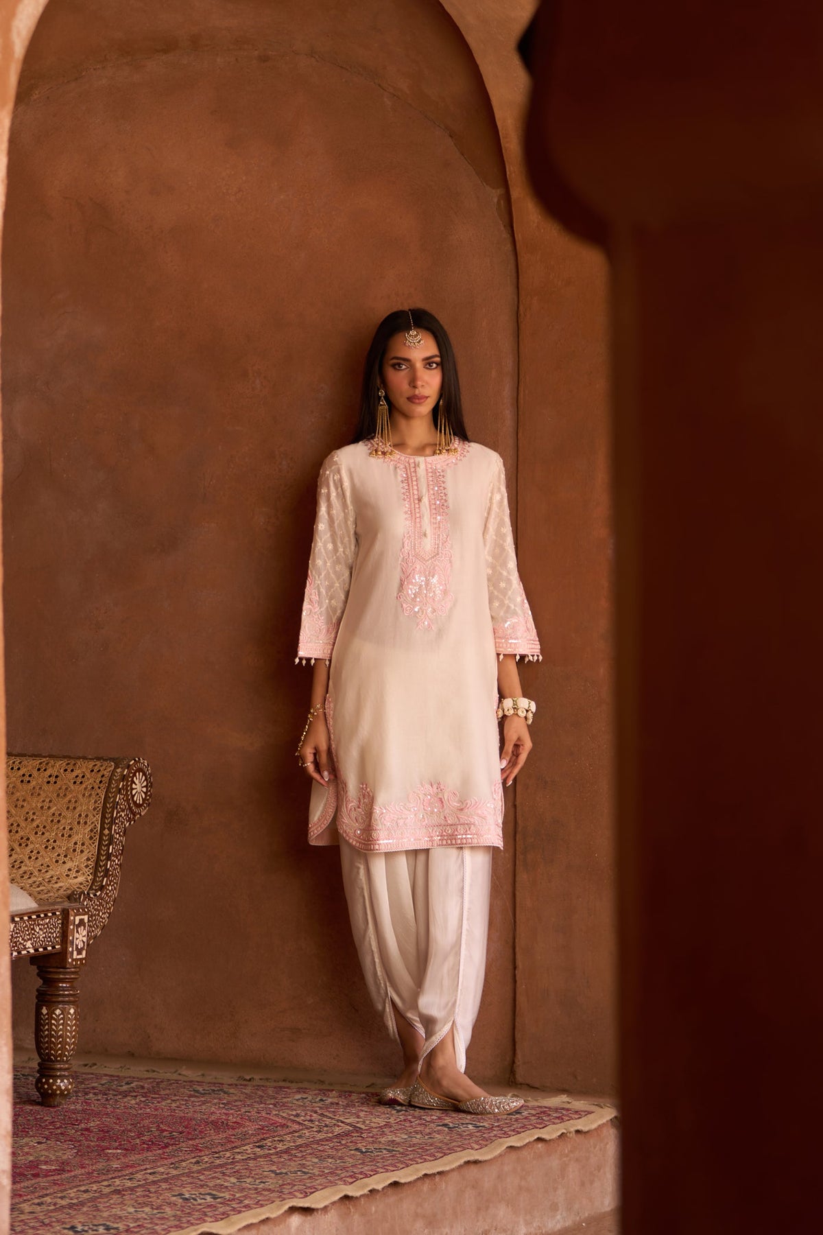 RUHI - DAISY IVORY WITH PINK SHORT KURTA AND DHOTI