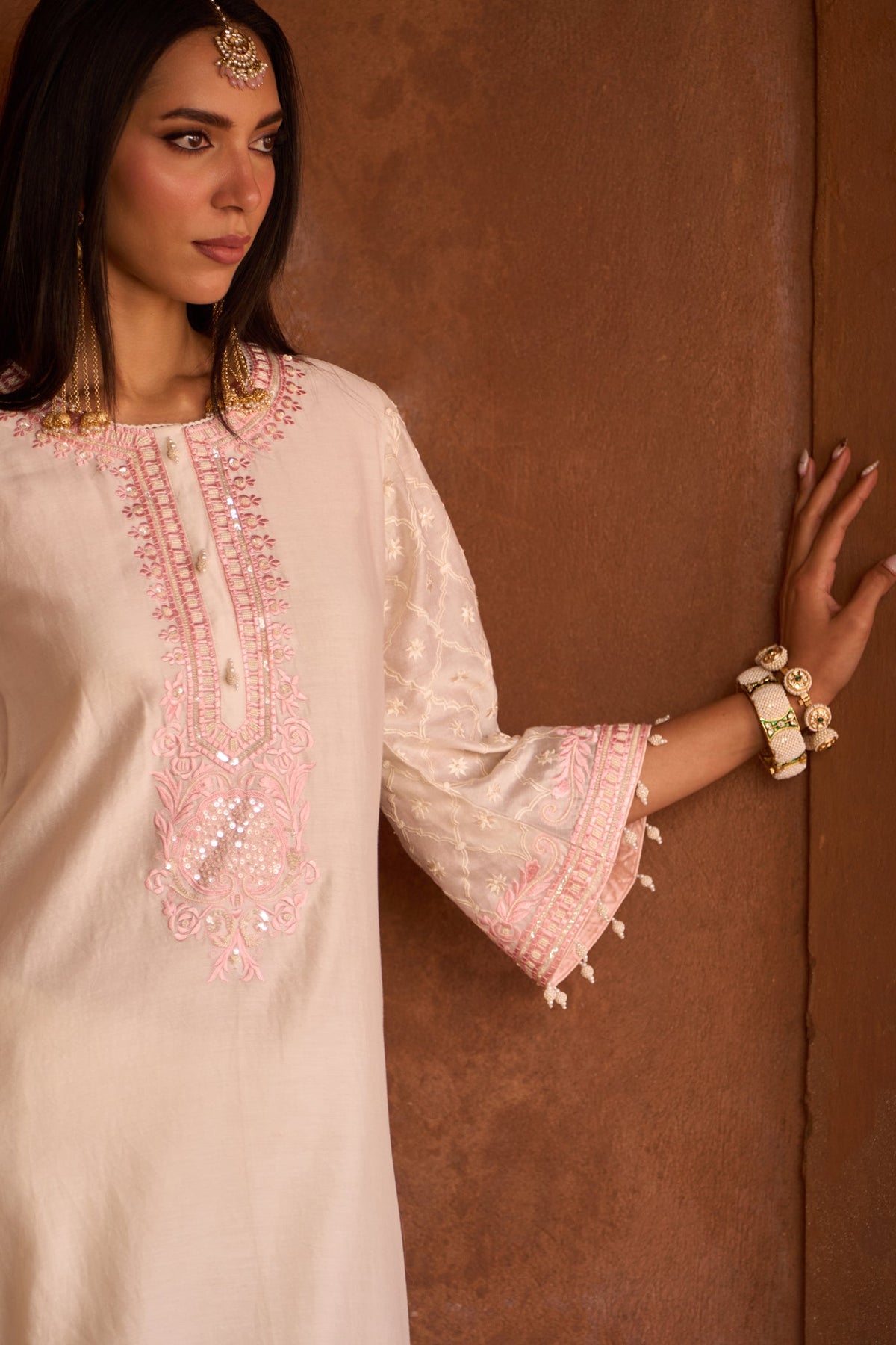 Dipti Dhillon In RUHI - DAISY IVORY WITH PINK SHORT KURTA AND DHOTI