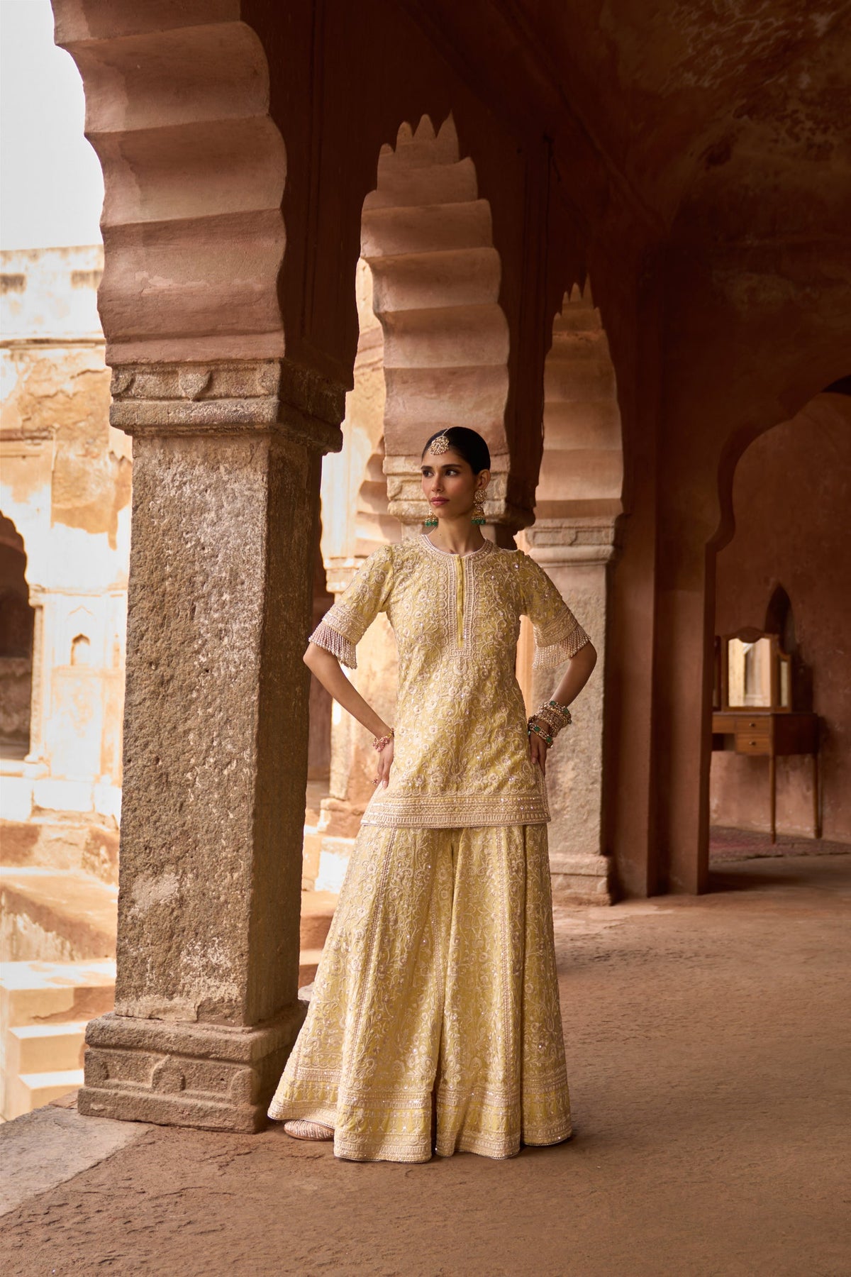 HEER - LEMON YELLOW SHORT KURTA WITH SHARARA AND DUPATTA (LXRTS)