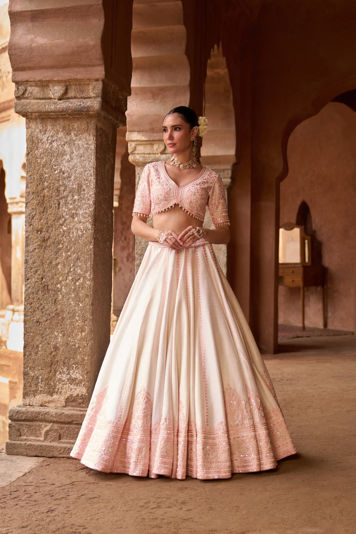 SAYEEDA - DAISY IVORY WITH PINK EMBROIDERED LEHENGA (LXRTS)