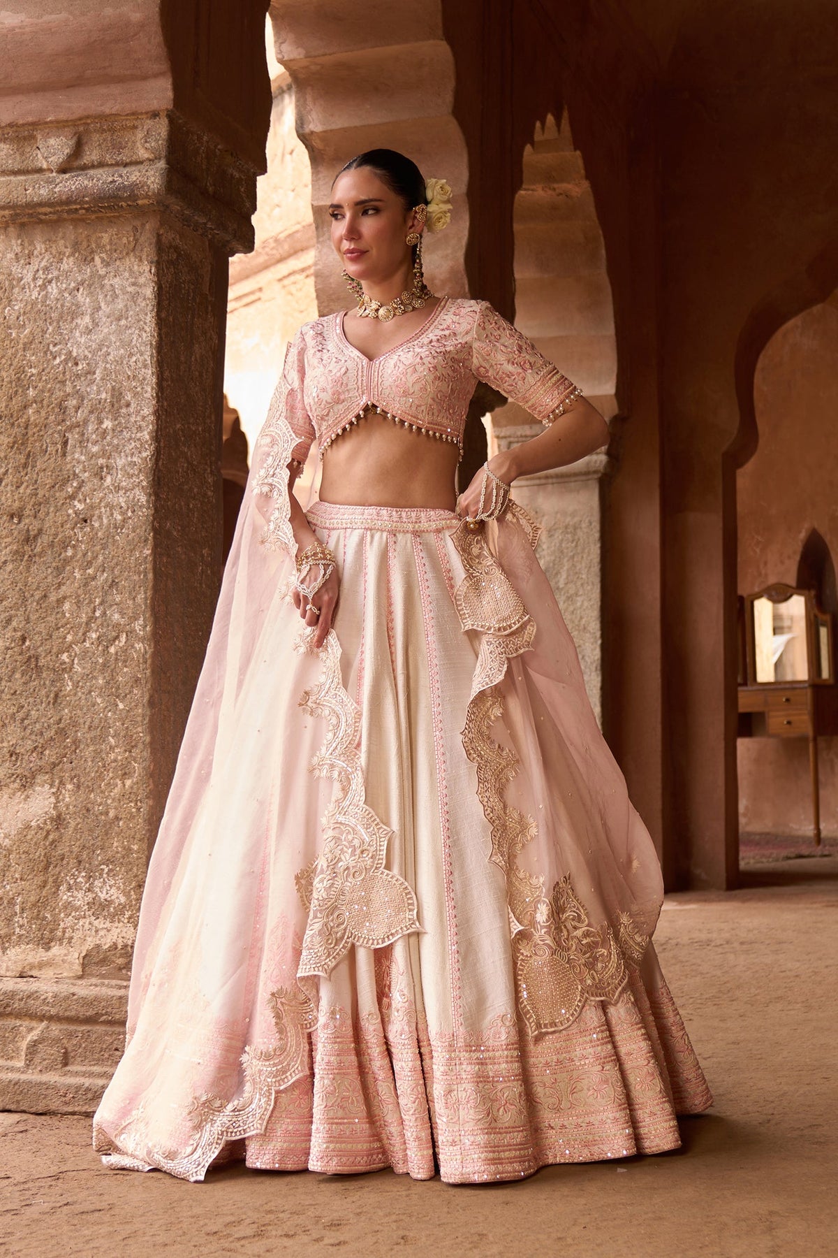 SAYEEDA - DAISY IVORY WITH PINK EMBROIDERED LEHENGA (LXRTS)