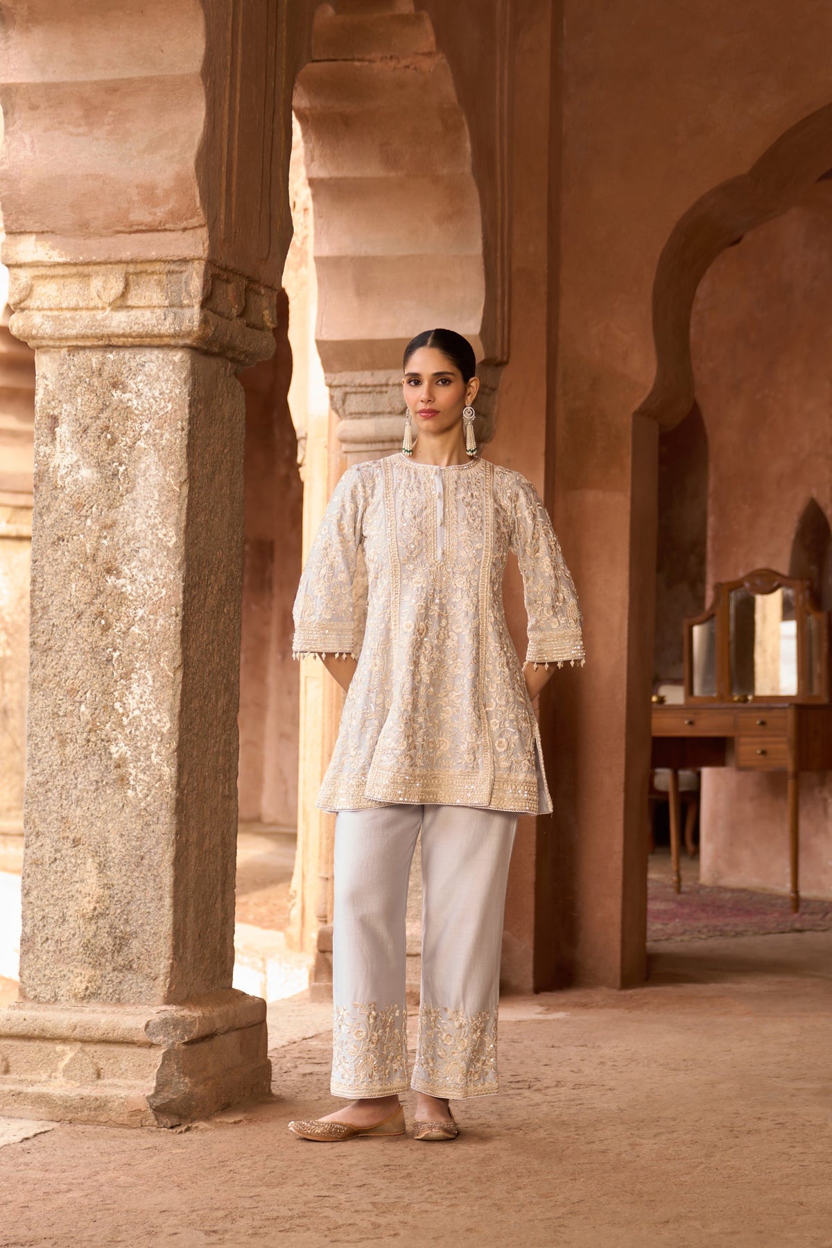 SABOOR - BLUE SHORT A-LINE KURTA WITH STRAIGHT PANTS AND DUPATTA