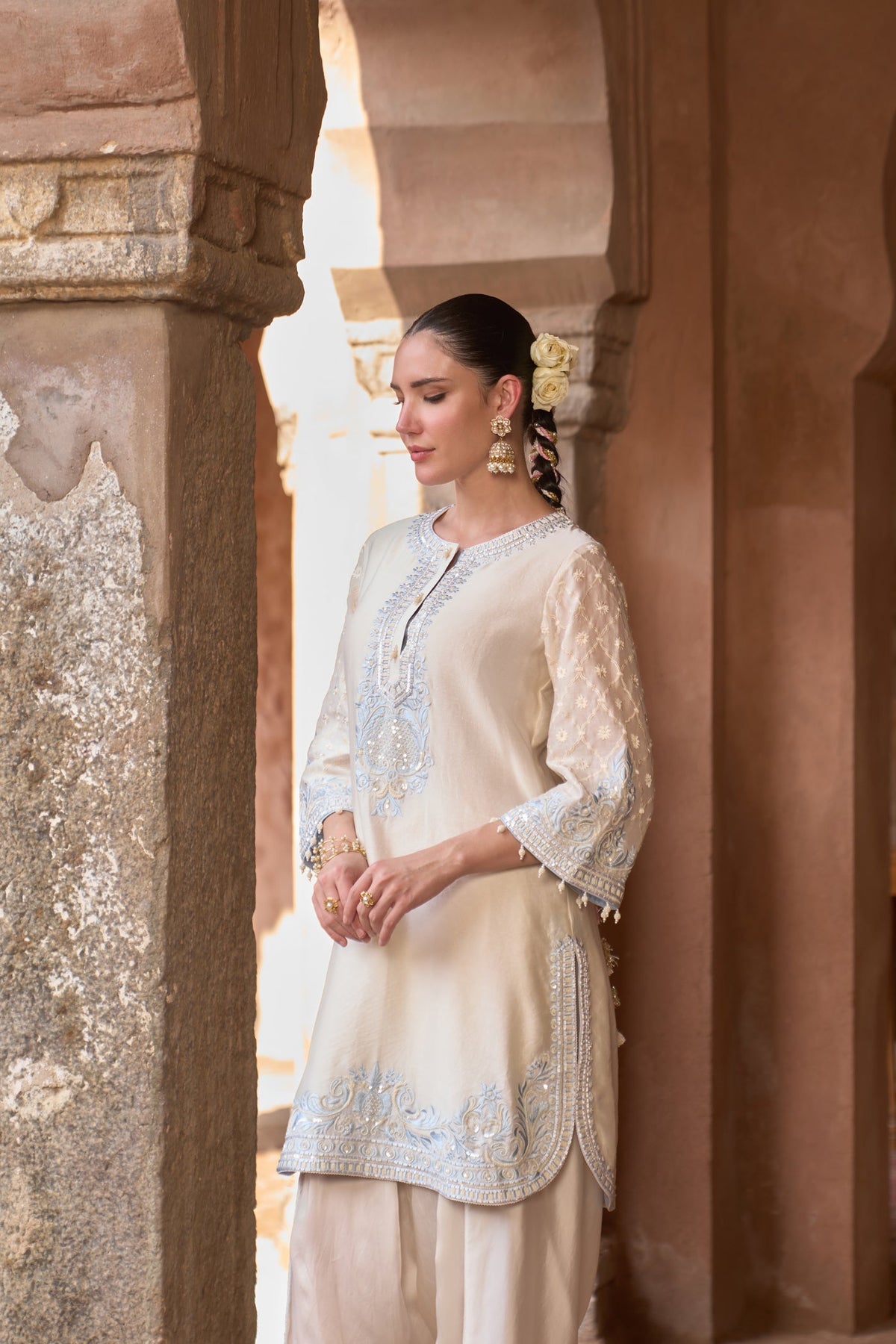 RUHI - DAISY IVORY WITH BLUE SHORT KURTA AND DHOTI (LXRTS)