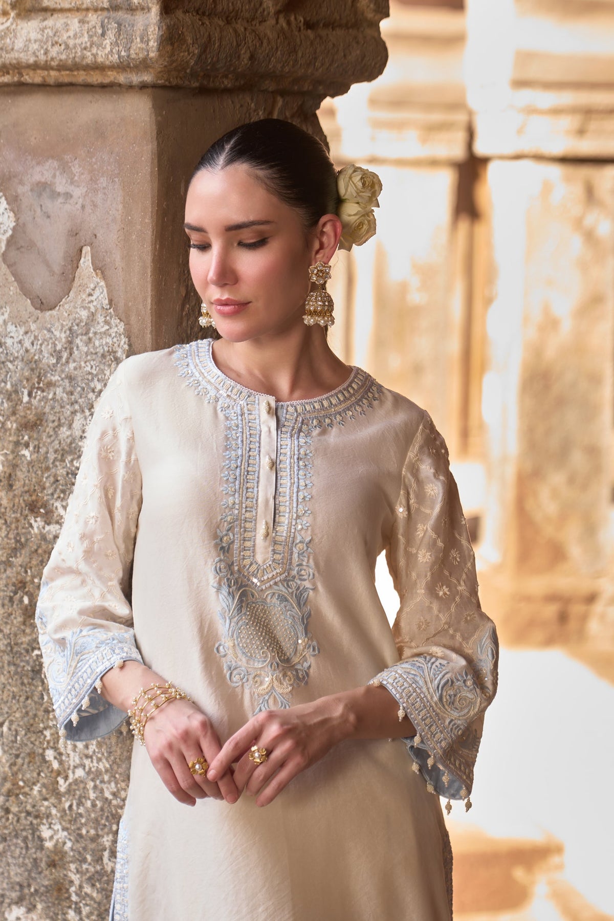 RUHI - DAISY IVORY WITH BLUE SHORT KURTA AND DHOTI (LXRTS)