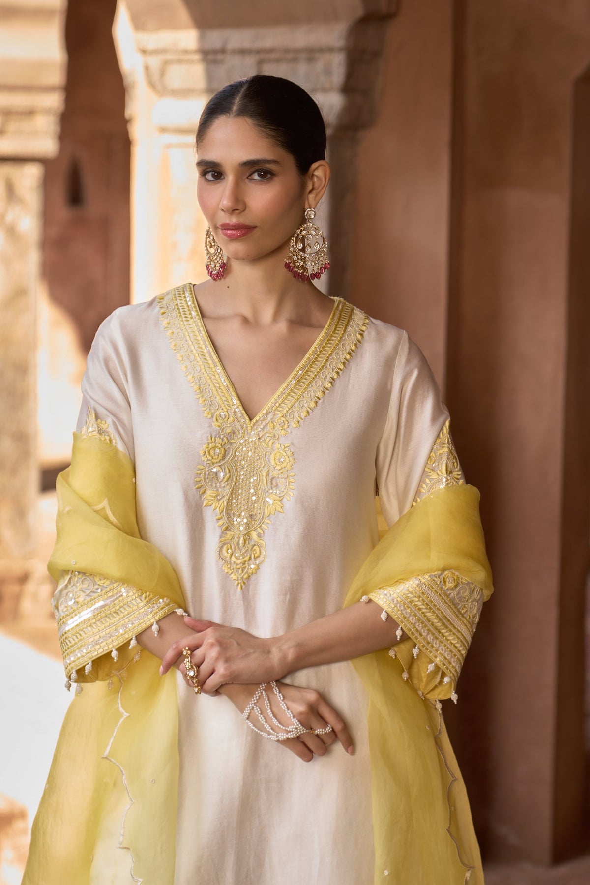 SAHABAT - DAISY IVORY WITH LEMON YELLOW KAAFTAN WITH SALWAR (LXRTS)
