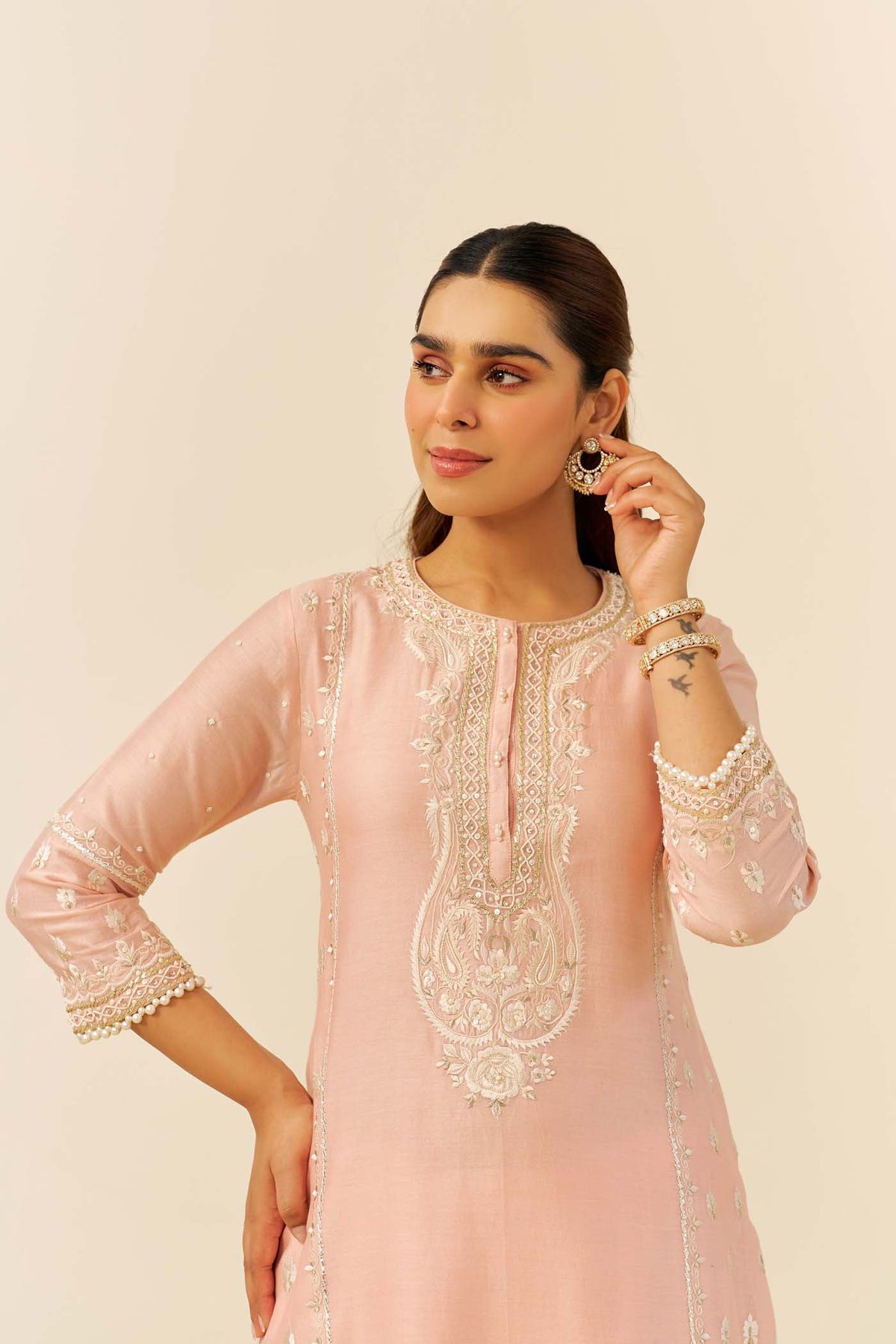 Zahra - Off Rose Short Kurta With Dhoti