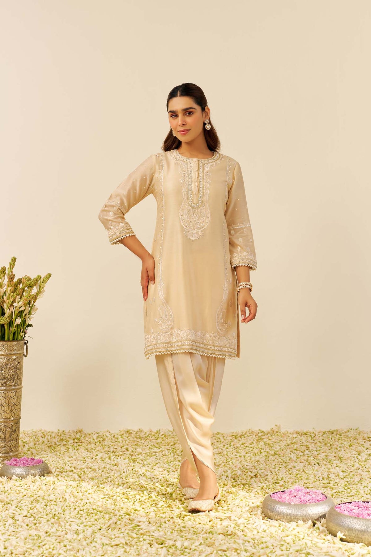 Zahra - Beige Short Kurta With Dhoti