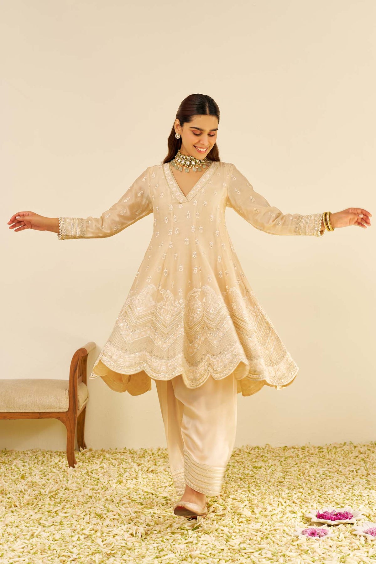MEERAM - Beige SHORT ANARKALI WITH SALWAR