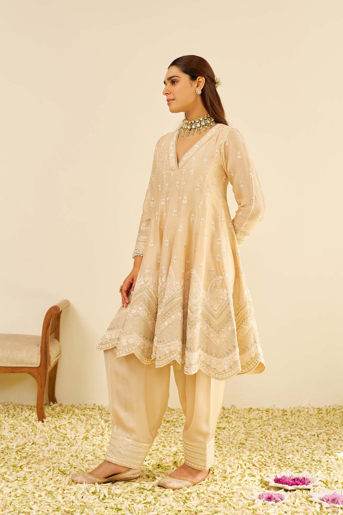 MEERAM - Beige SHORT ANARKALI WITH SALWAR