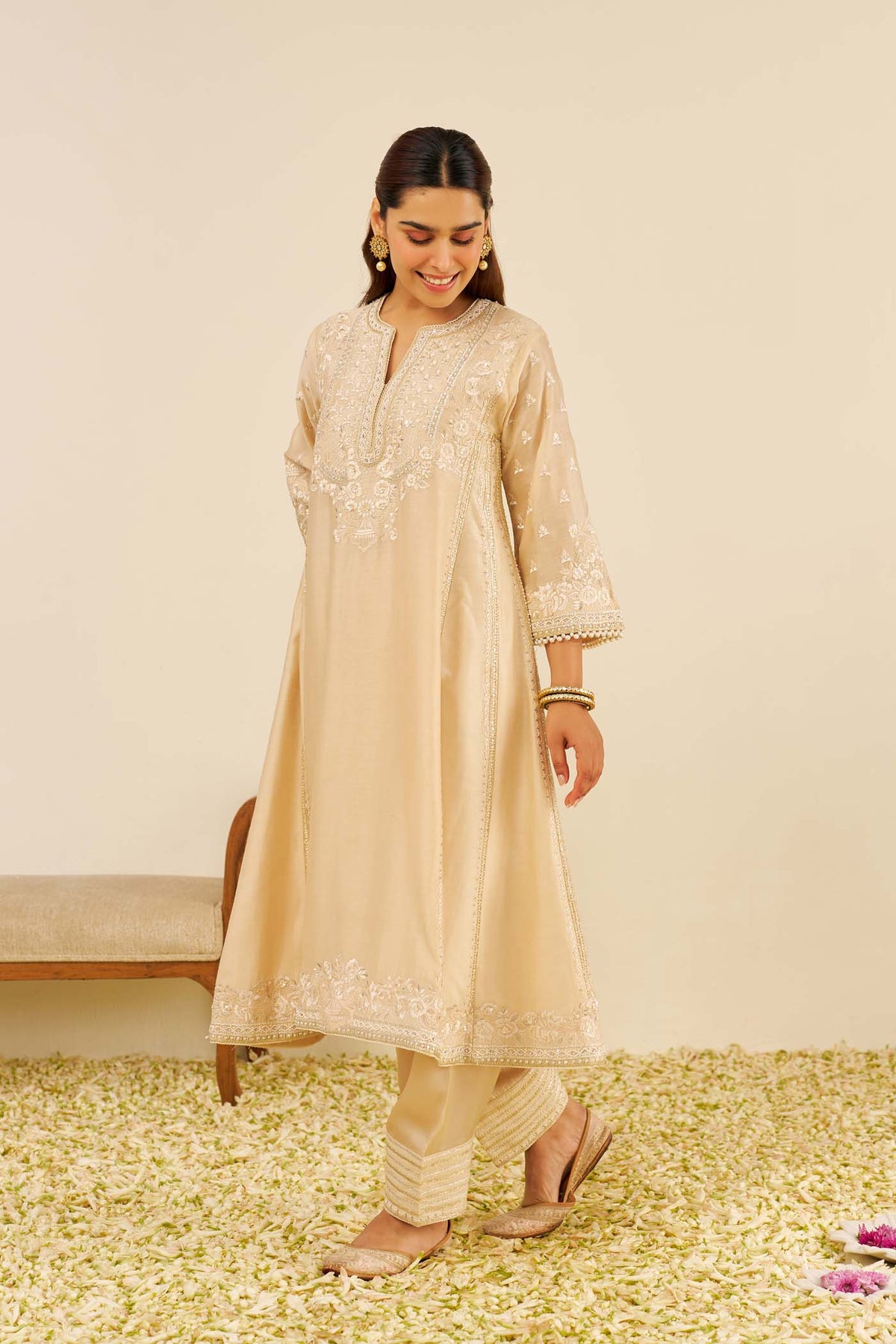 MAAROOFA - Beige LONG CHAUGA WITH SALWAR