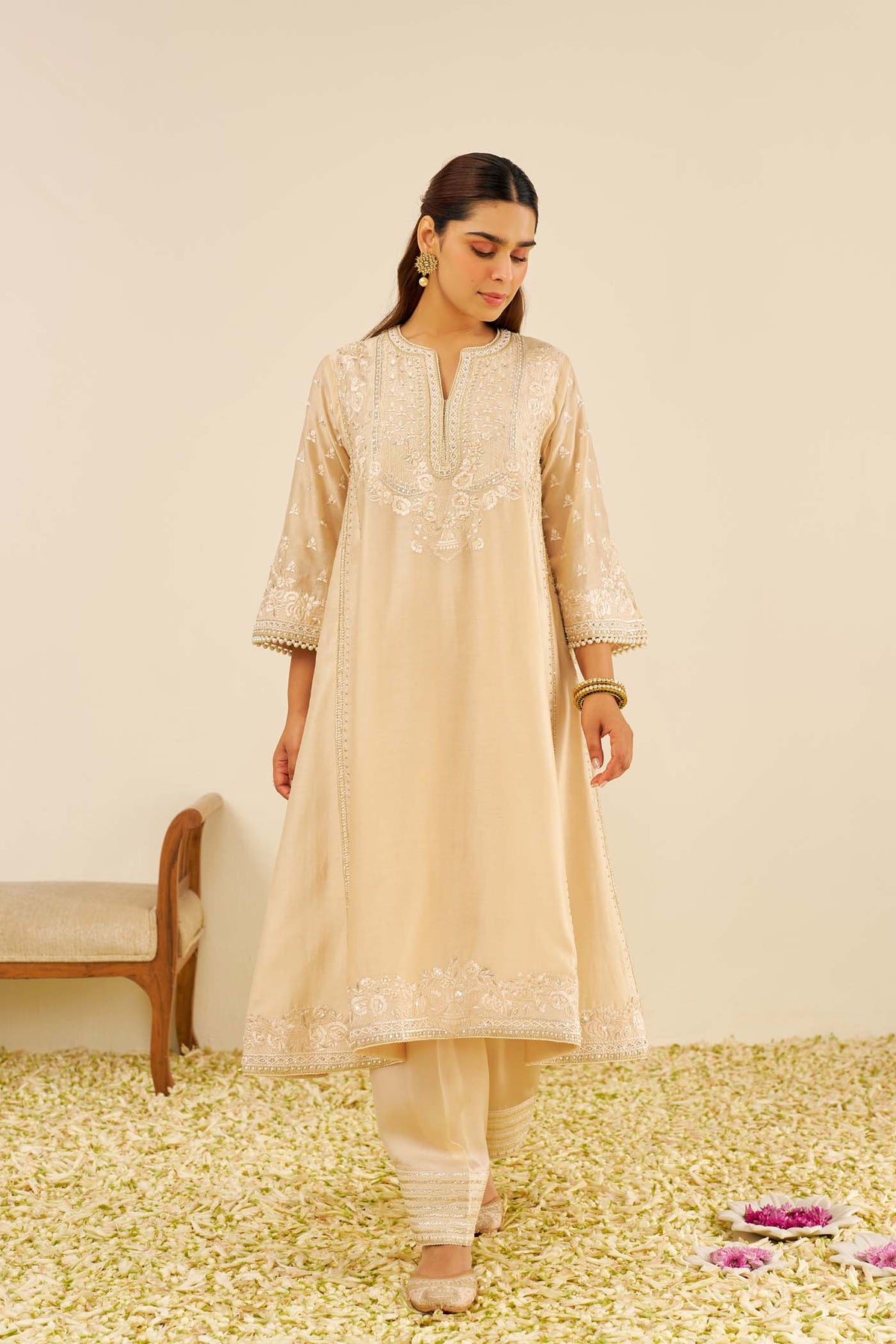 MAAROOFA - Beige LONG CHAUGA WITH SALWAR