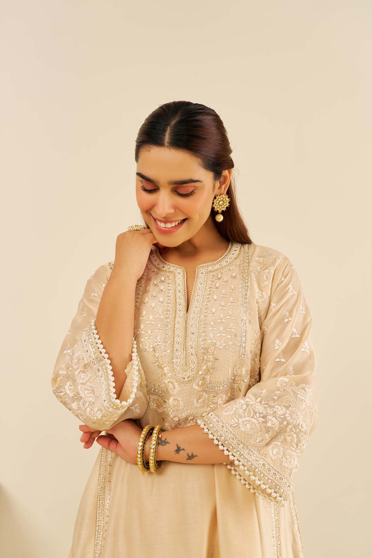 MAAROOFA - Beige LONG CHAUGA WITH SALWAR