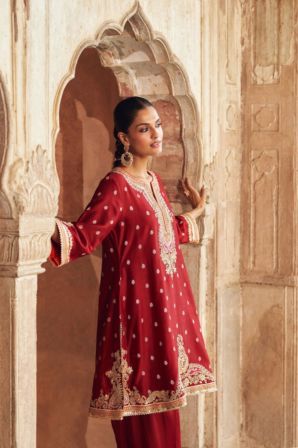 MEHWISH - DEEP RED SHORT KURTA WITH SALWAR AND DUPATTA (Lxrts)