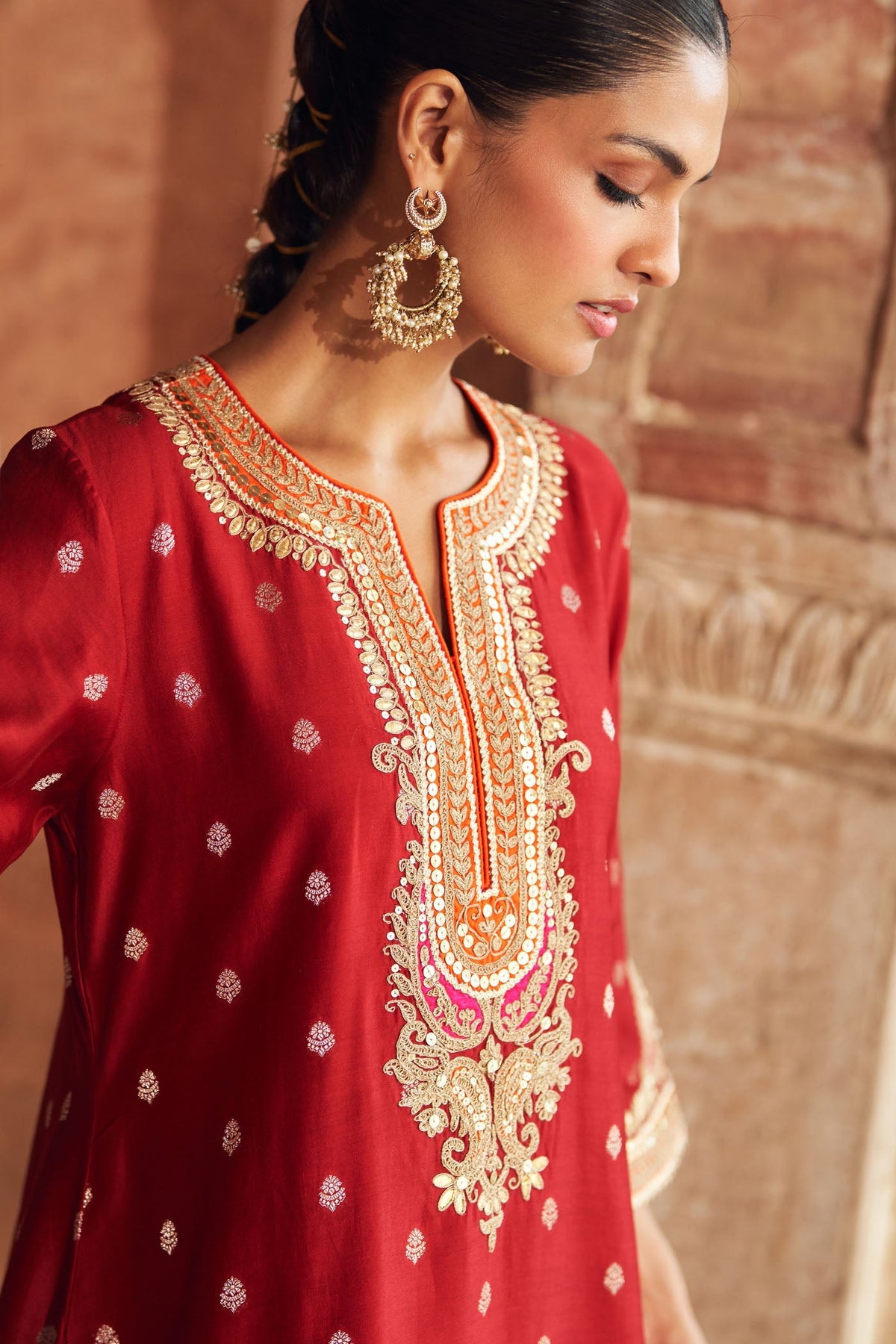 MEHWISH - DEEP RED SHORT KURTA WITH SALWAR AND DUPATTA (Lxrts)