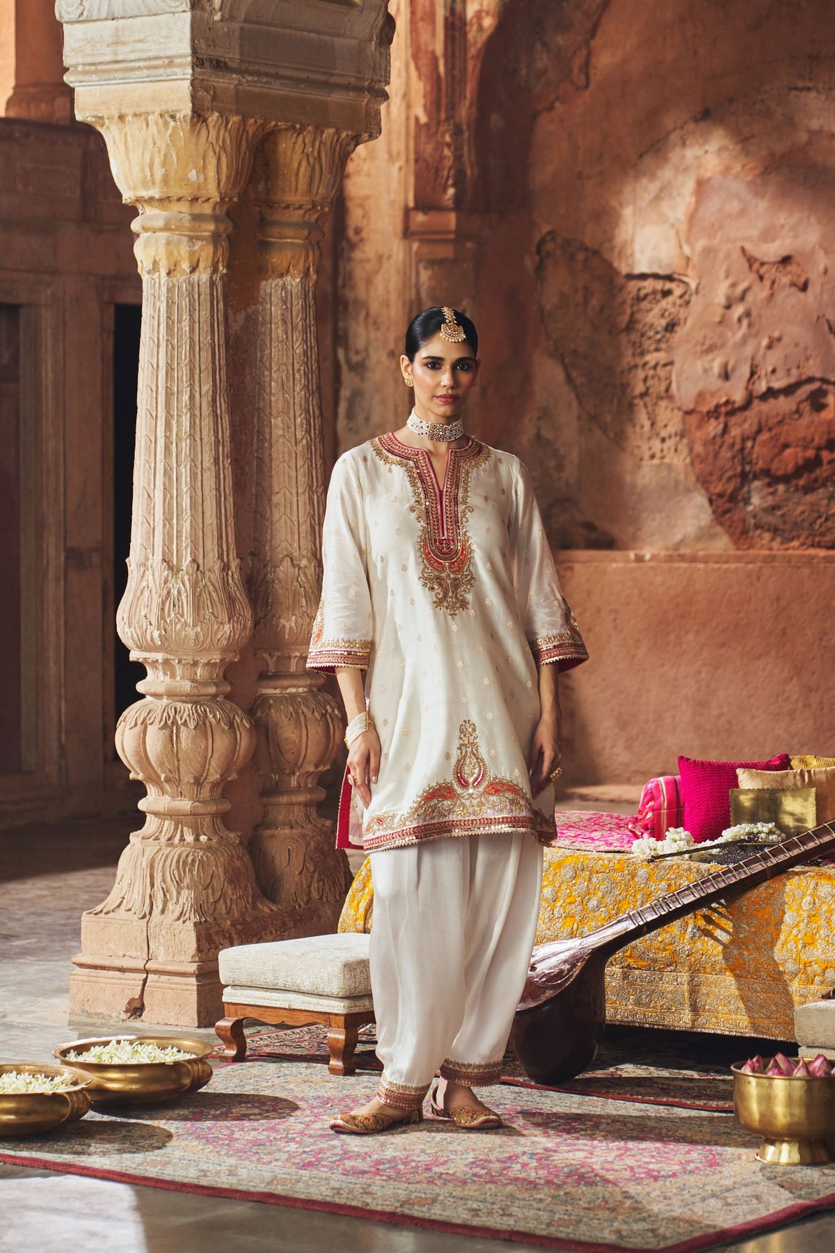 MEHWISH - DAISY IVORY SHORT KURTA WITH SALWAR AND DUPATTA