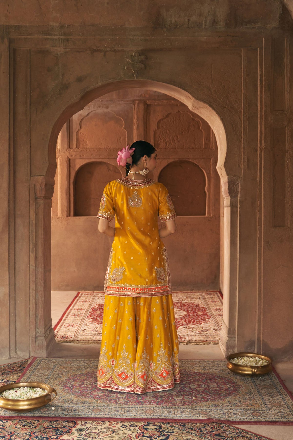 AREESHA - Heirloom Mustard SHORT KURTA WITH SHARARA AND DUPATTA
