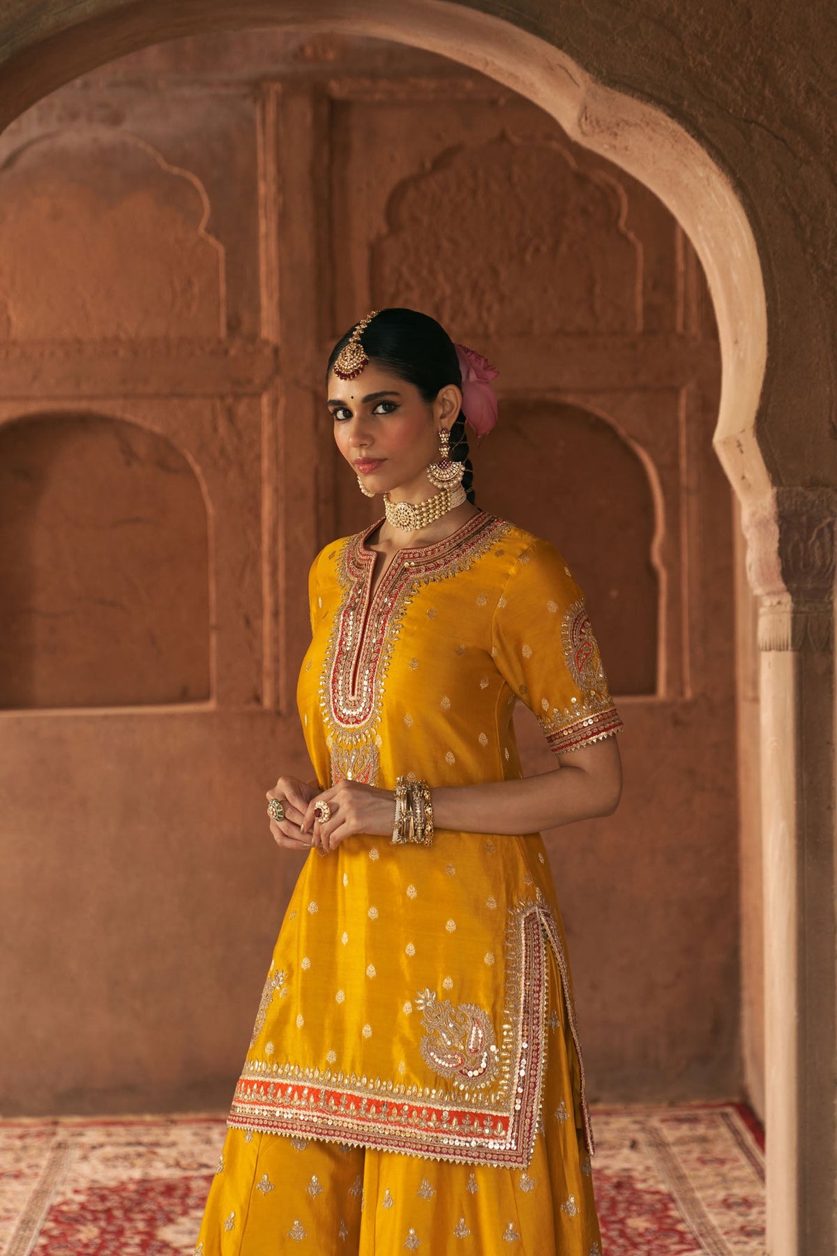 AREESHA - Heirloom Mustard SHORT KURTA WITH SHARARA AND DUPATTA