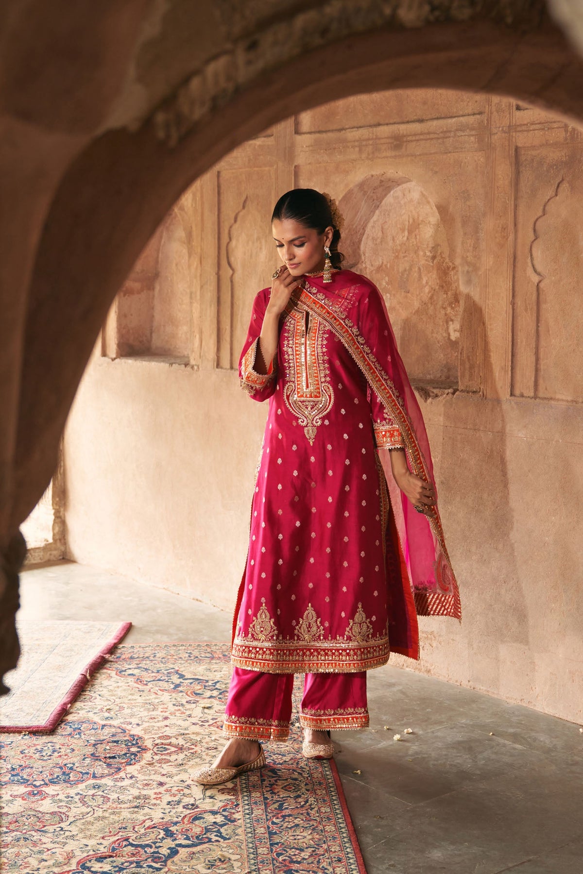 SUMAIRA - Rani Hotpink LONG KURTA WITH PALAZZO AND DUPATTA