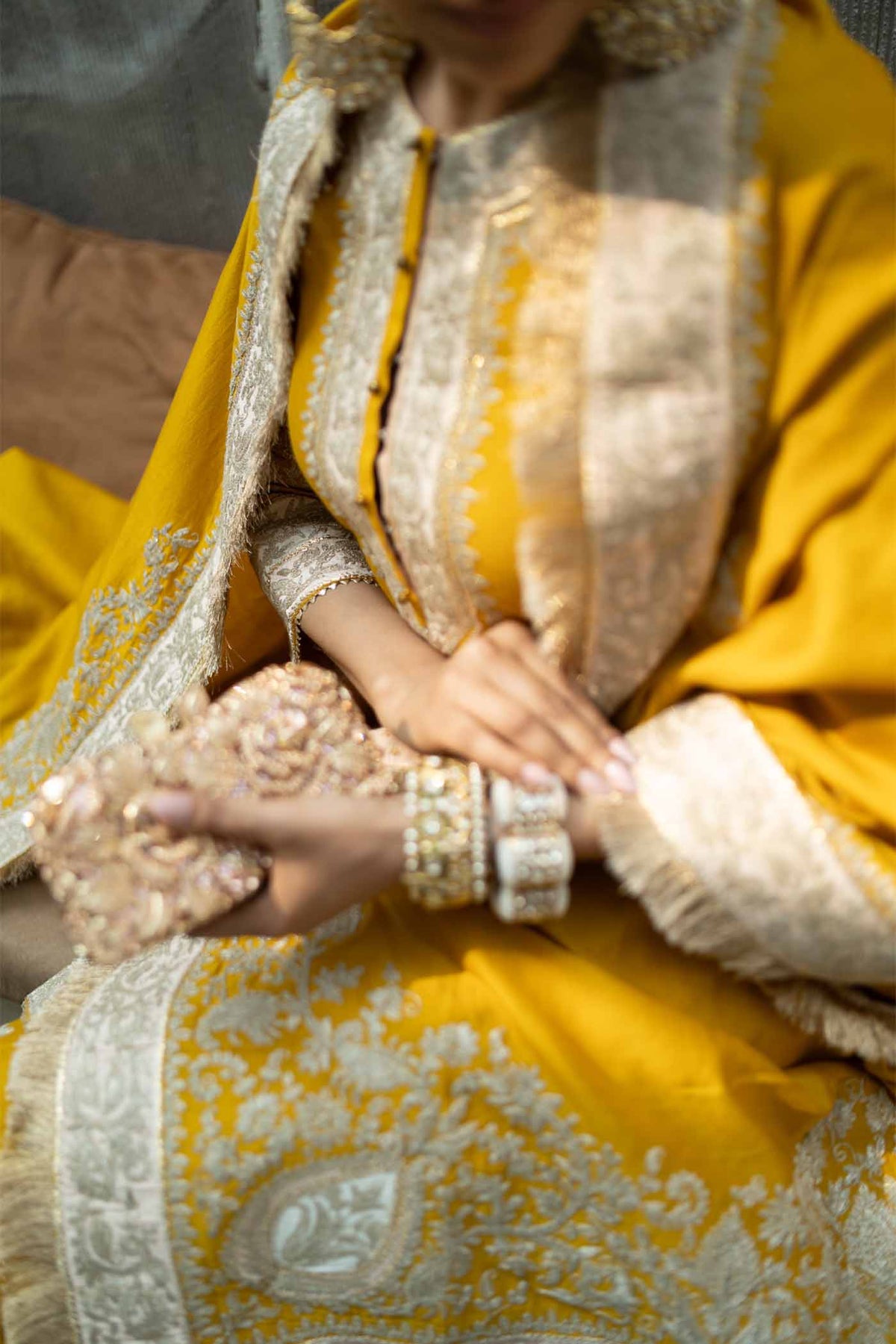 Alisha Pekha In RAINA - Glaze Mustard SHORT KURTA WITH SHARARA AND ODHNI