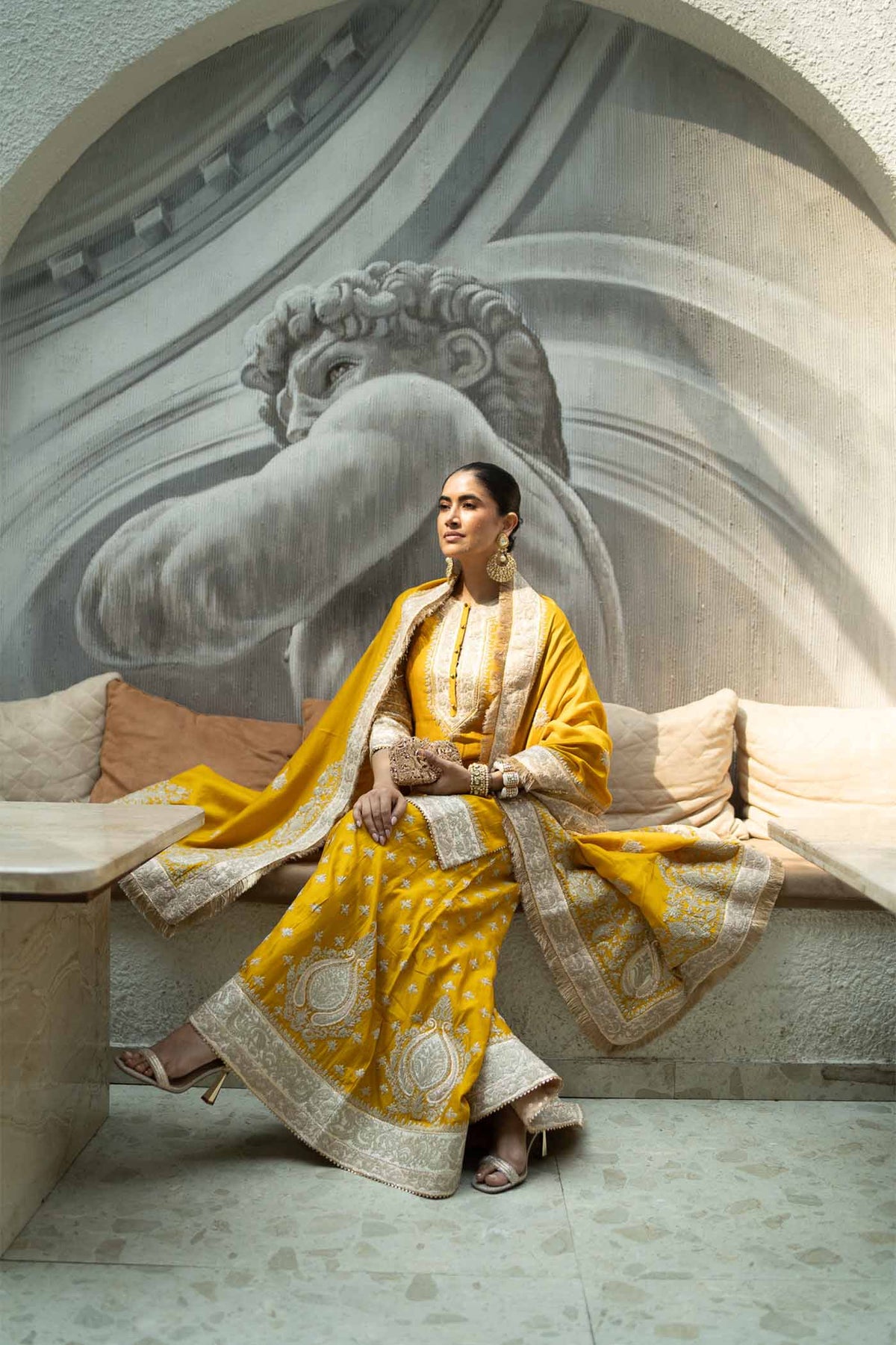 Alisha Pekha In RAINA - Glaze Mustard SHORT KURTA WITH SHARARA AND ODHNI