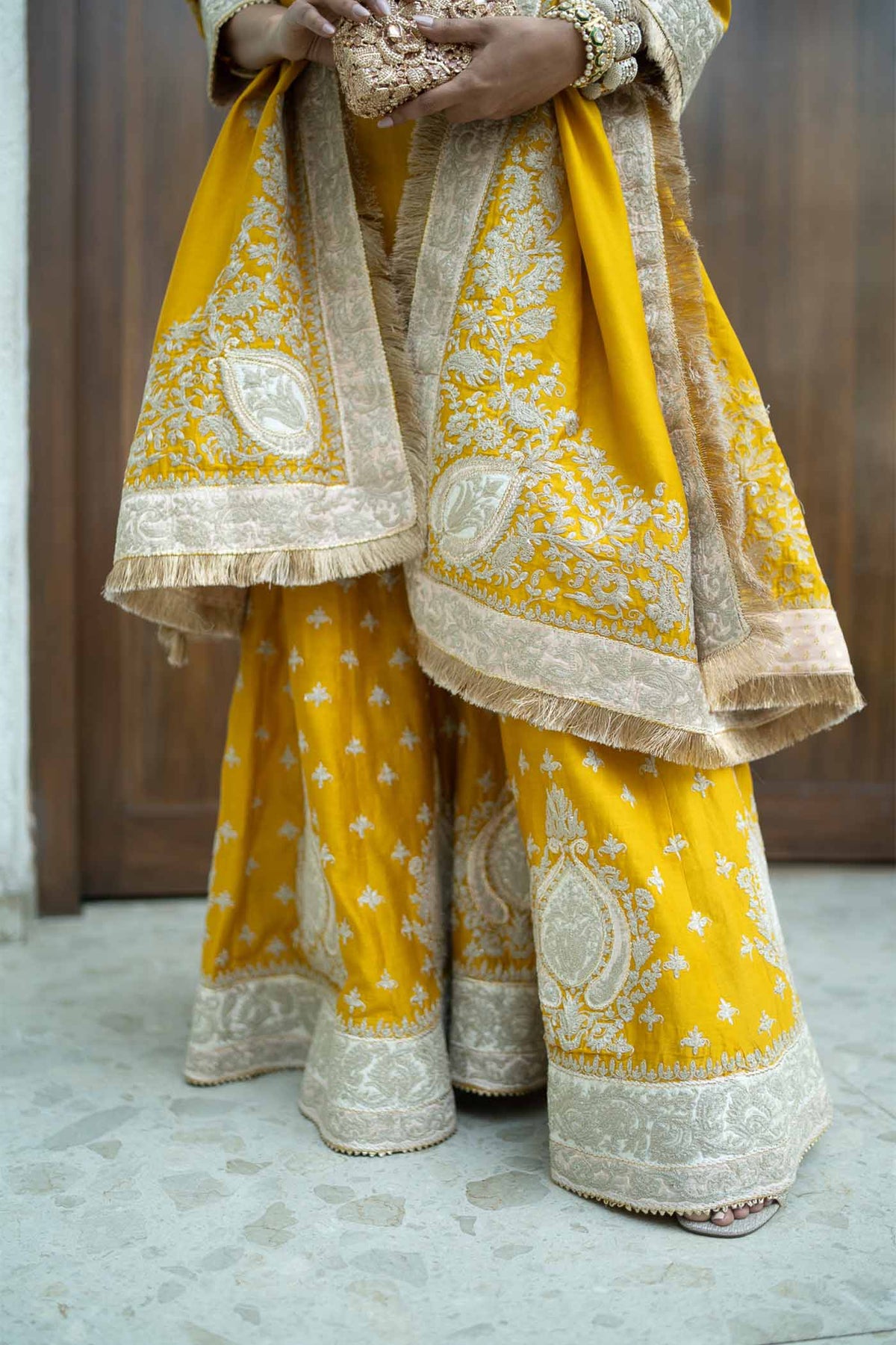 Alisha Pekha In RAINA - Glaze Mustard SHORT KURTA WITH SHARARA AND ODHNI