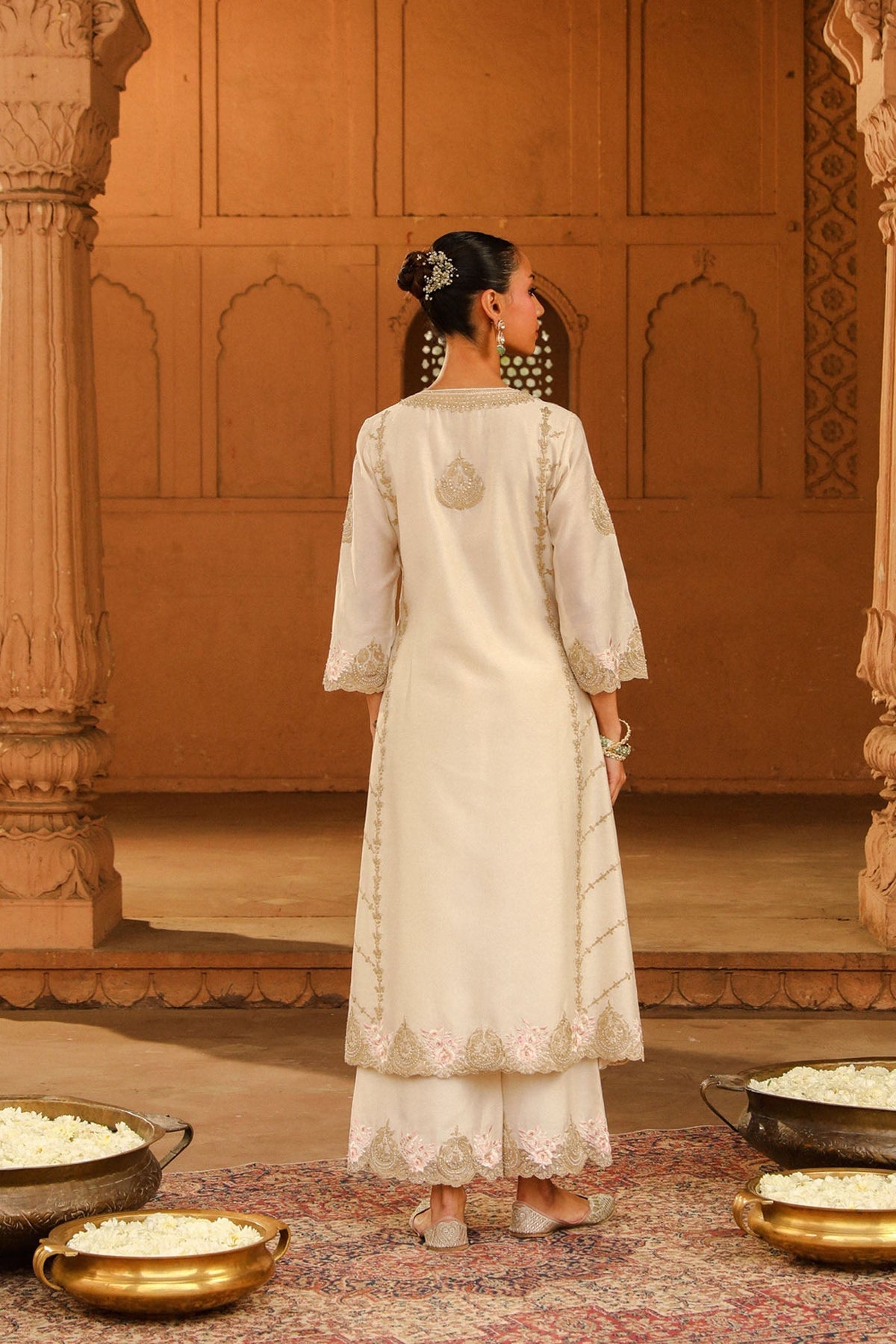Yusra - Daisy Ivory Long kurta with palazzo and dupatta (Lxrts)
