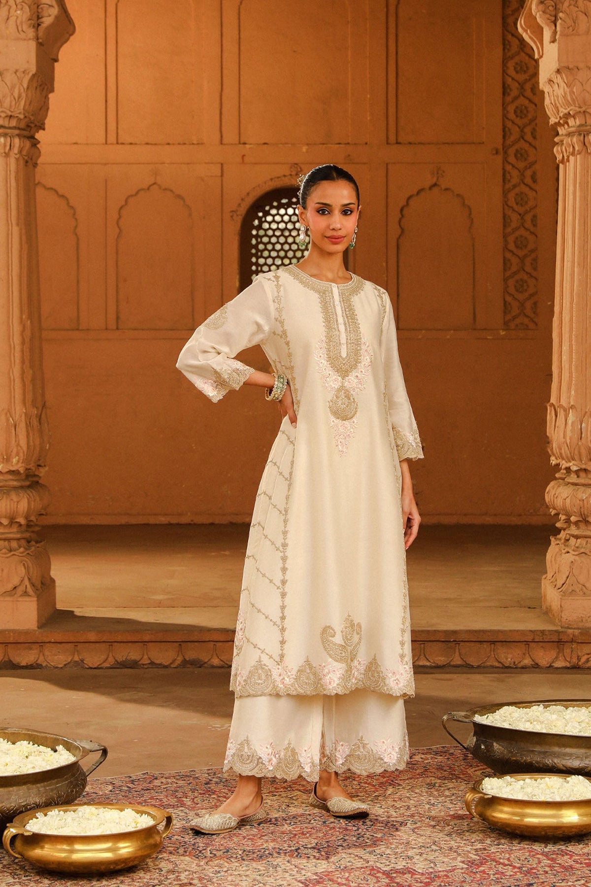 Yusra - Daisy Ivory Long kurta with palazzo and dupatta (Lxrts)