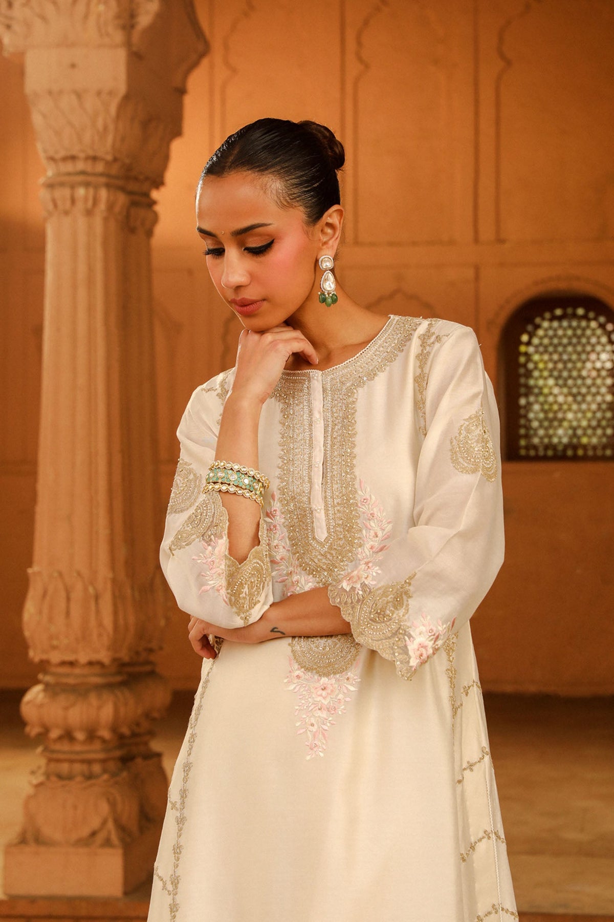 Shehnaaz Gill in Yusra - Daisy Ivory Long kurta with palazzo and dupatta