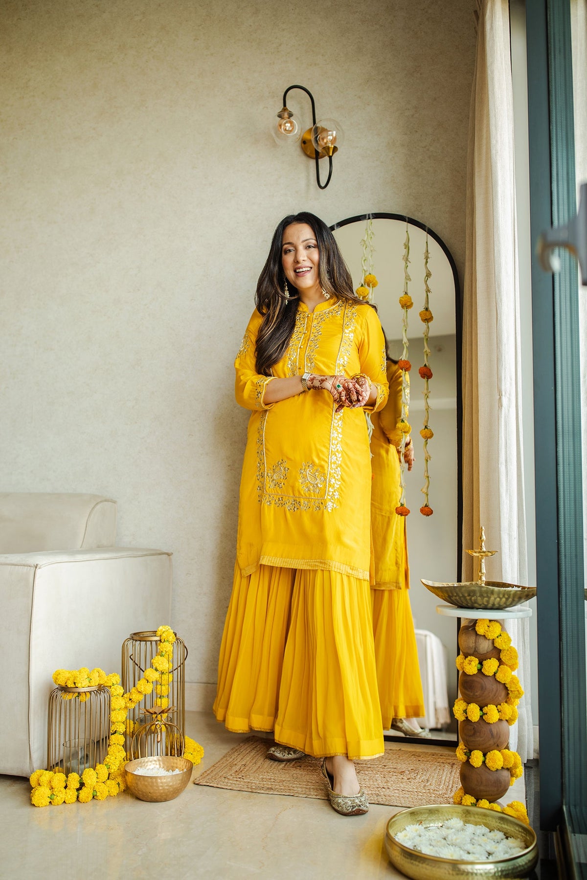 Malvika Rallan In Nasira- Happy Mustard Habutai silk Gota patti embroidered kurta with garara and dupatta
