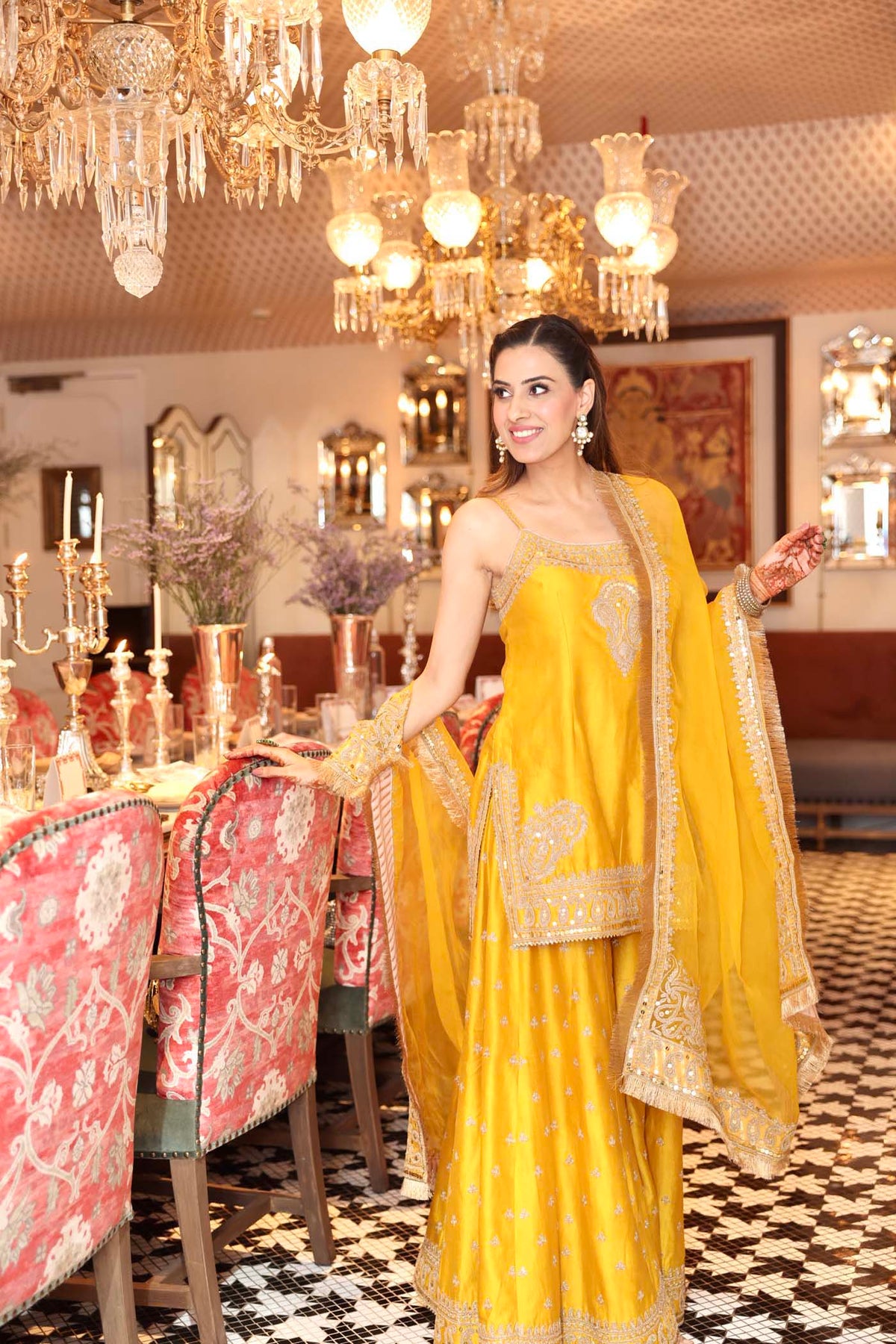 Shruti Juneja In AABROO - Glaze Mustard SHORT KURTA WITH SHARARA AND DUPATTA
