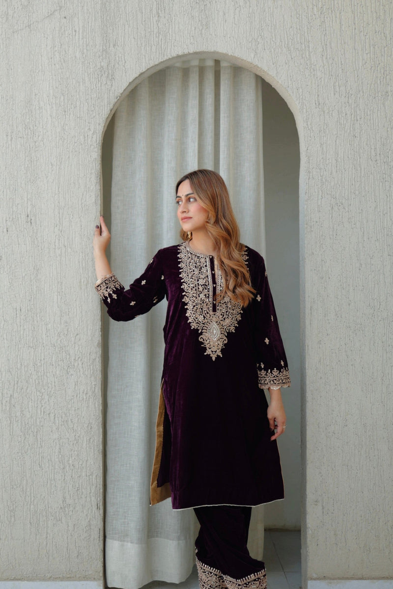 Naima -Wine Silk Velvet Short Kurta with Salwar