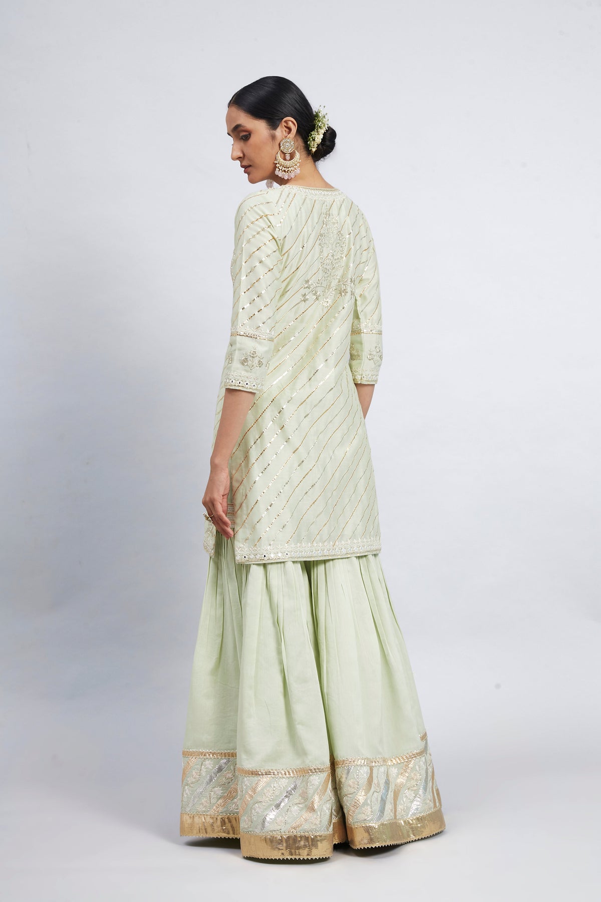 Eliza - Mint Green Chanderi Silk Kurta and Garara Set with Organza dupatta