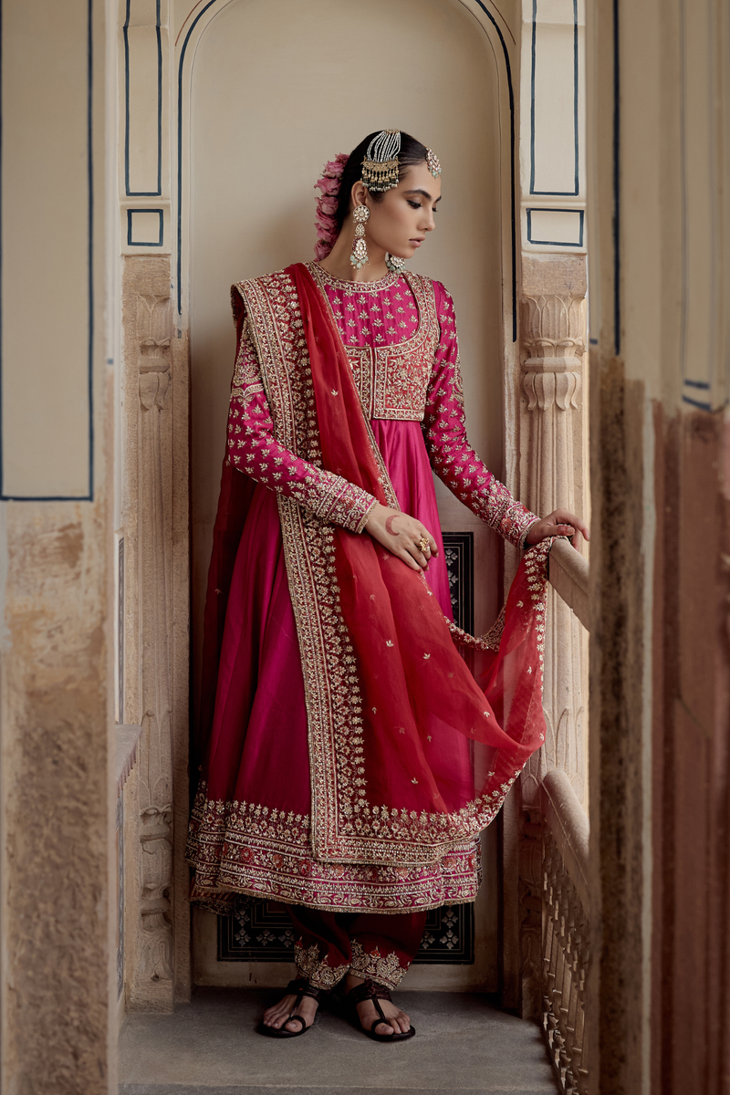 Noor - Dabka Zardozi Embroidered Chanderi Silk Rani Hotpink Anarkali  Set